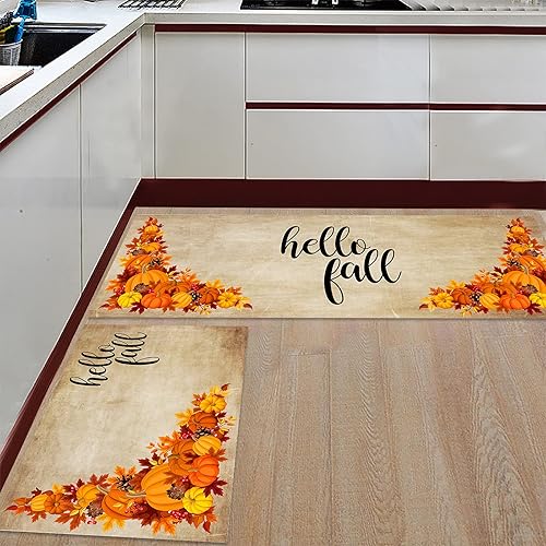 Alfombras de cocina de Acción de Gracias, absorbentes, antideslizantes, para piso, diseño de hojas de otoño y calabaza, retro, alfombra y tapetes de