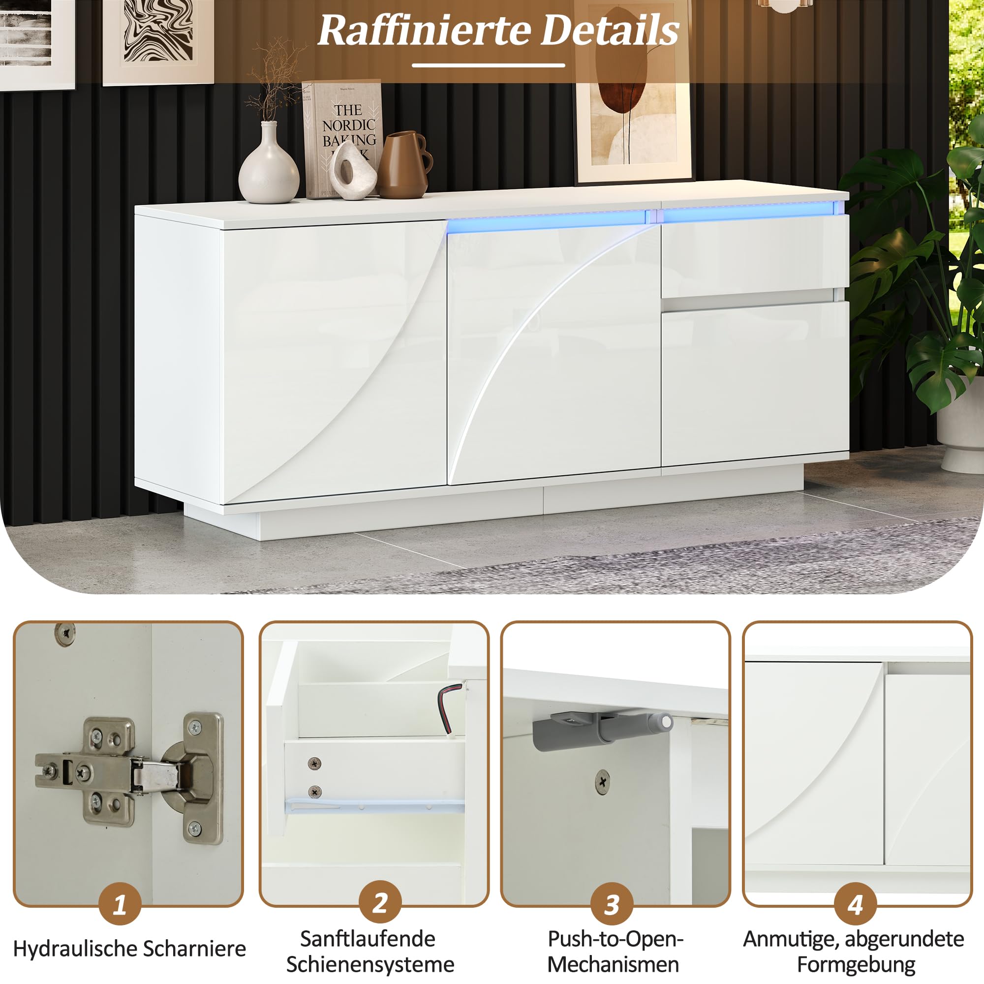 Hochglanz Sideboard Wohnzimmer mit 3 Schränken und 1 Schubladen, Buffetschrank mit LED-Lichtleiste, 140 * 40 * 60cm, Modern Wohnzimmerschrank für Schlafzimmer, Büros, Flur, Weiß