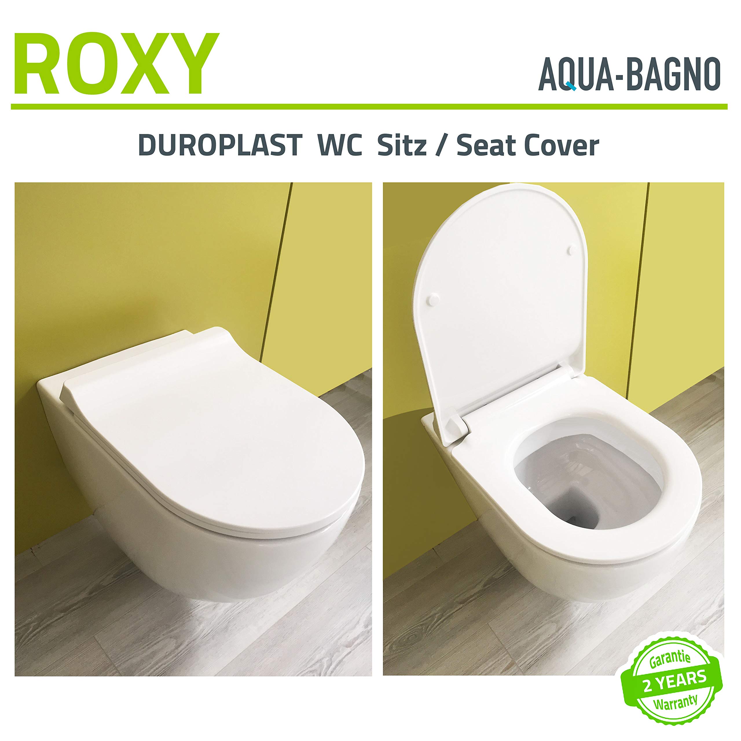 Aqua Bagno - Asiento de inodoro plano con cierre suave Roxy en forma de D (plástico termoendurecido descenso automático, tapa extraíble y tapa de inodoro antibacteriana), color blanco