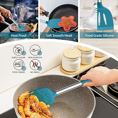 Miniatura 6 de P&P CHEF Utensilios de cocina de silicona, juego de 3 utensilios de cocina a prueba de calor para voltear, espátula antiadherente ranurada y sólida,