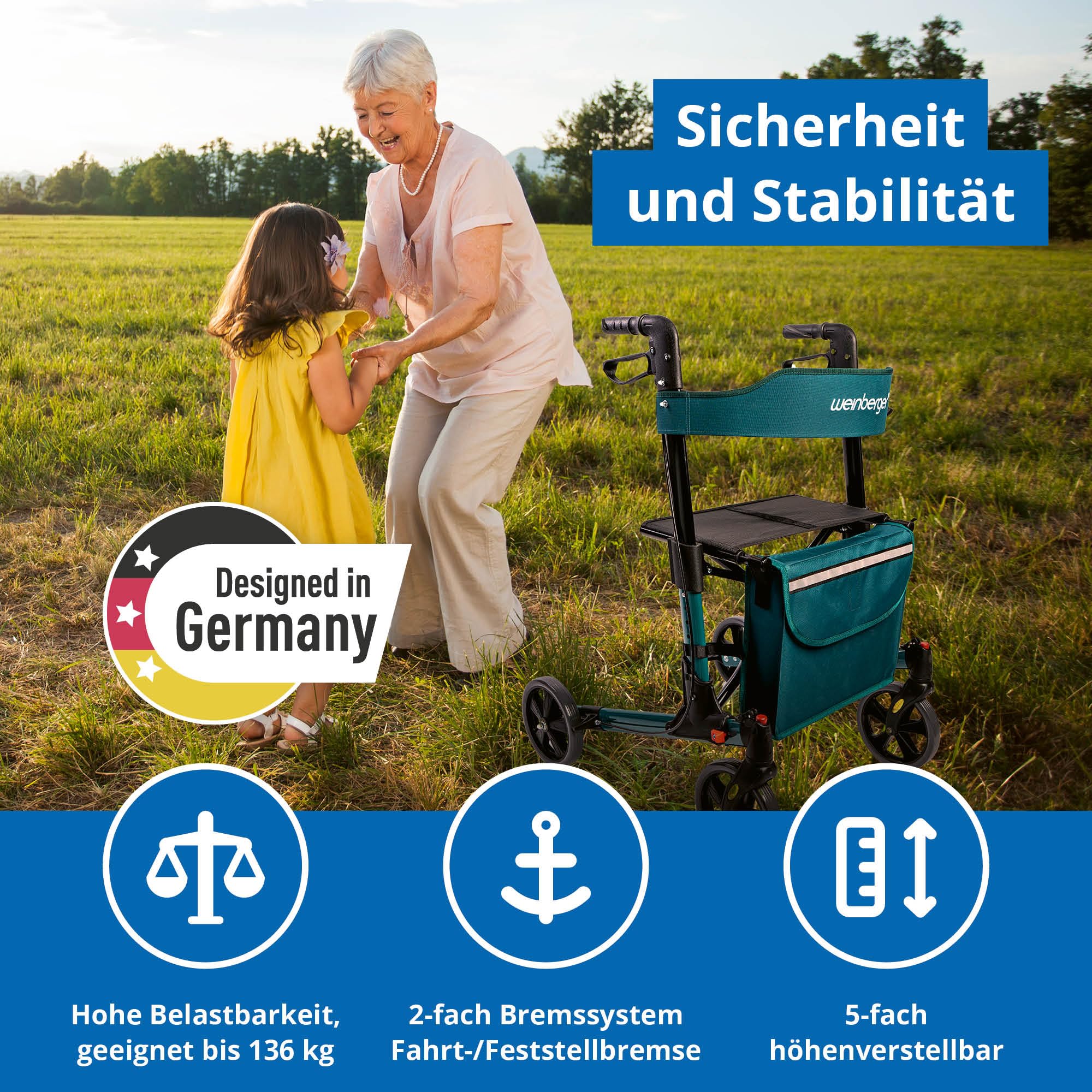 Weinberger Rollator faltbar und leicht mit Sitz | Tasche, Stockhalter, Griff, klappbar für alle Gelände | Höhenverstellbarer Indoor & Outdoor Rollator für Senioren | Gehhilfe, schmal, petrol