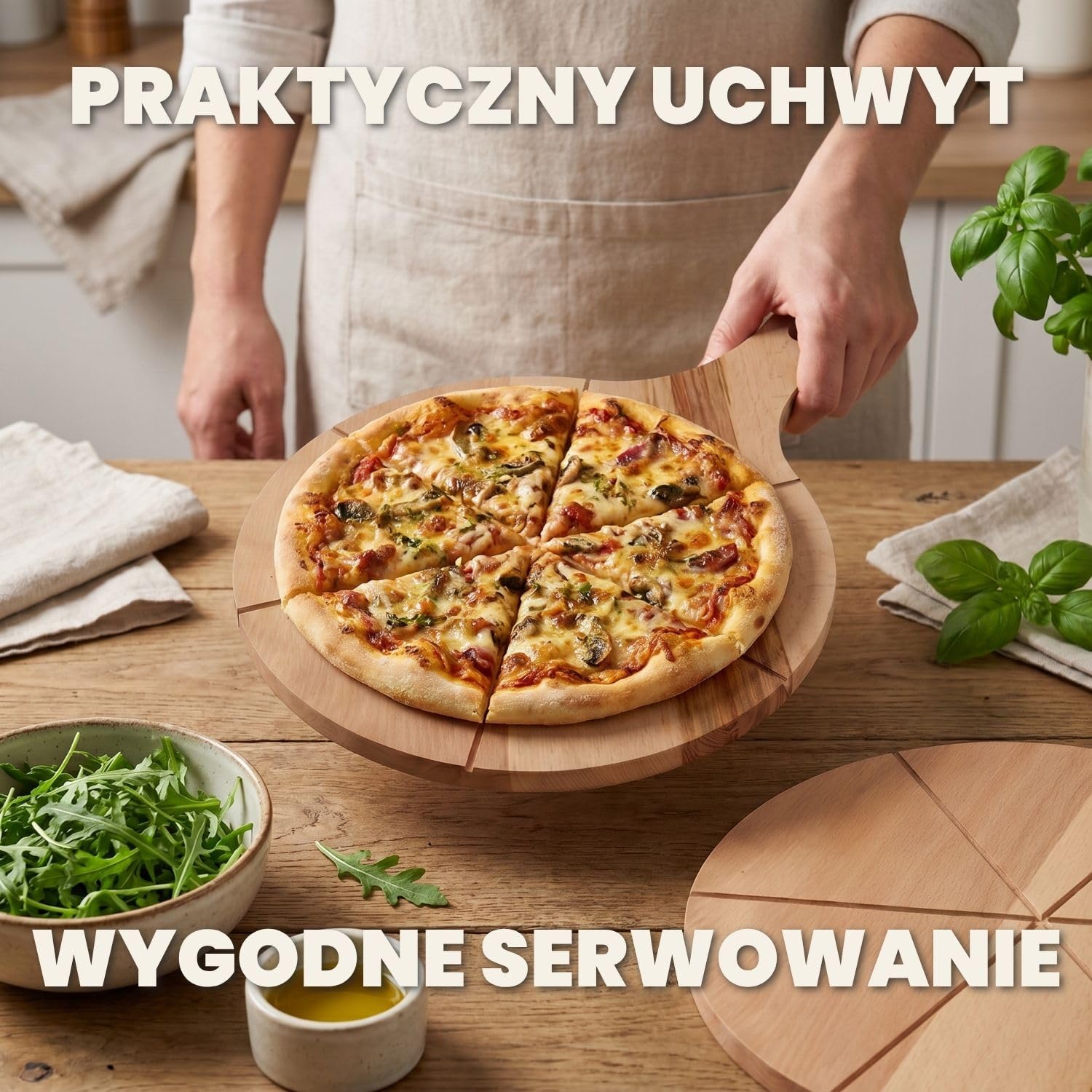 2 drewniane talerze do pizzy z litego drewna bukowego z uchwytami 33 cm | 33 cm, Lite drewno, Wygodne serwowanie, Zestaw 2 sztuk, Idealne do kuchni i ogrodu, Praktyczne uchwyty