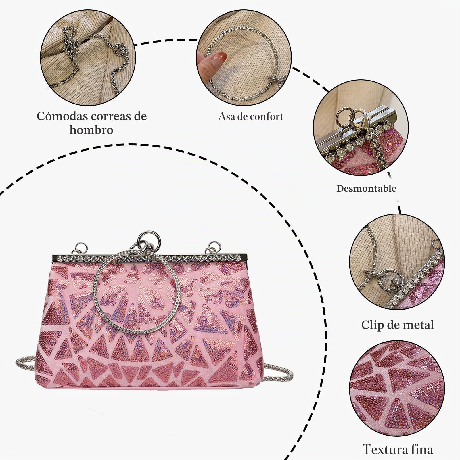 CORIOS Bolsa de Noche de Lentejuelas para Mujer Diamantes de Imitación Clutch Elegante Bolso de Fiesta Bolso de Boda Bolsa de Cadena Pequeña Lujoso Bolso de Hombro Bolso de Mano Rosa