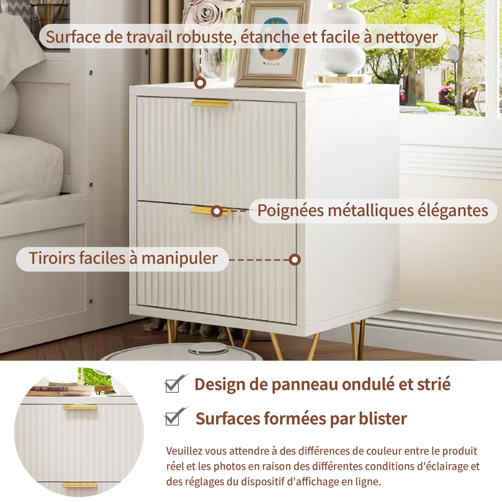 Juego de 2 mesitas de Noche, mesas Bajas con 2 cajones, Mesa Auxiliar con Patas y Asas Doradas, tocador Acanalado con diseño de Ola y cómoda Moderna, Mueble de Almacenamiento (Blanco, 40 x 40 x 55)