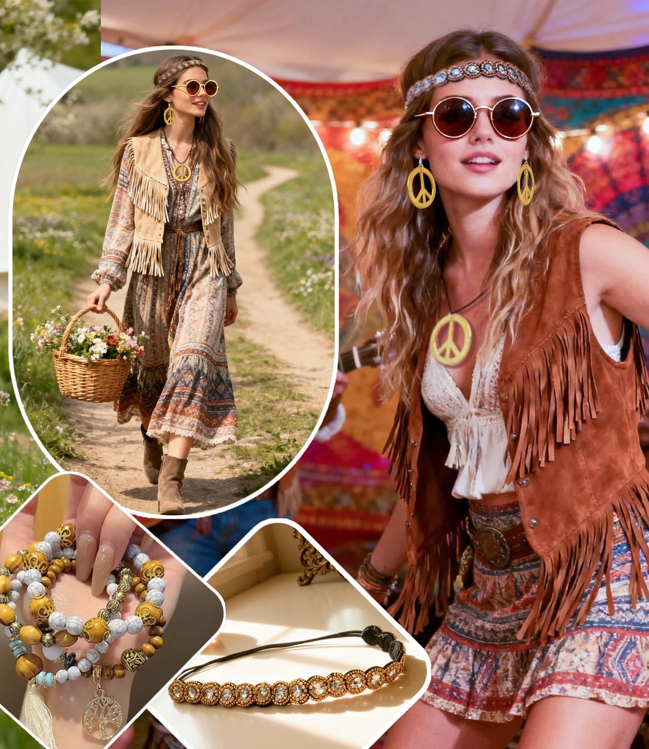 kasahara Hippie Accessoires 5 Stück Set, Hippie Kostüm Damen Kleidung, 60er 70er Jahre Bekleidung Abba Kostüm Accessoires Faschingskostüme Karneval Damen Boho Zubehör