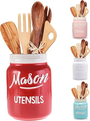Soporte para utensilios de cocina con tarro de masón rojo para encimera de cocina, cerámica rústica para cucharas, espátulas y herramientas de