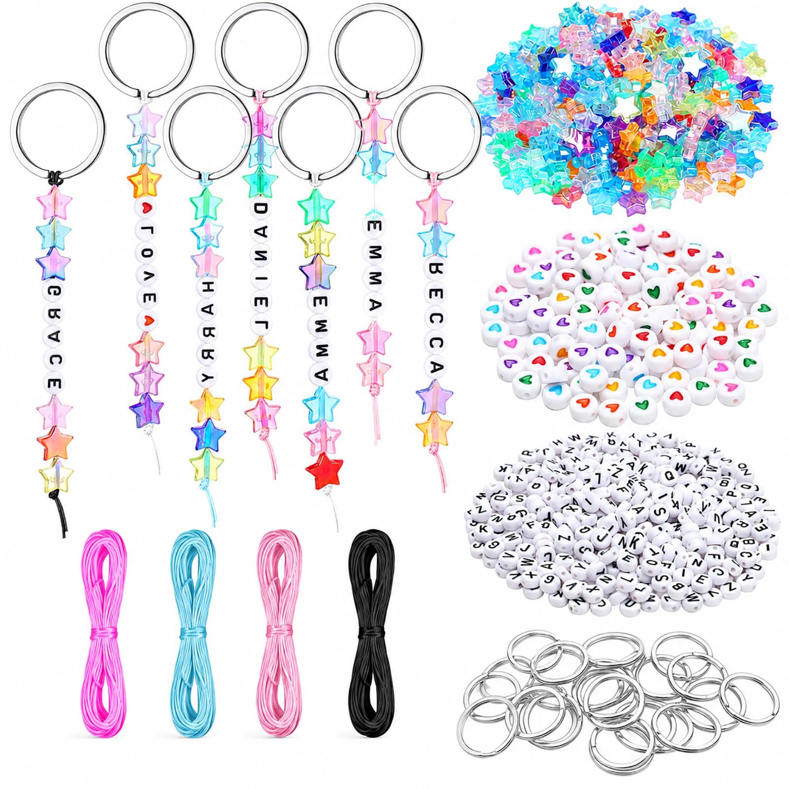 Nurila 556 Stück Charms Anhänger, Schlüsselanhänger selber machen DIY | Perlen, Sternformen und Herzbuchstaben für Keychain Designs, Bastelset Erwachsene und Schmuck selber machen Set