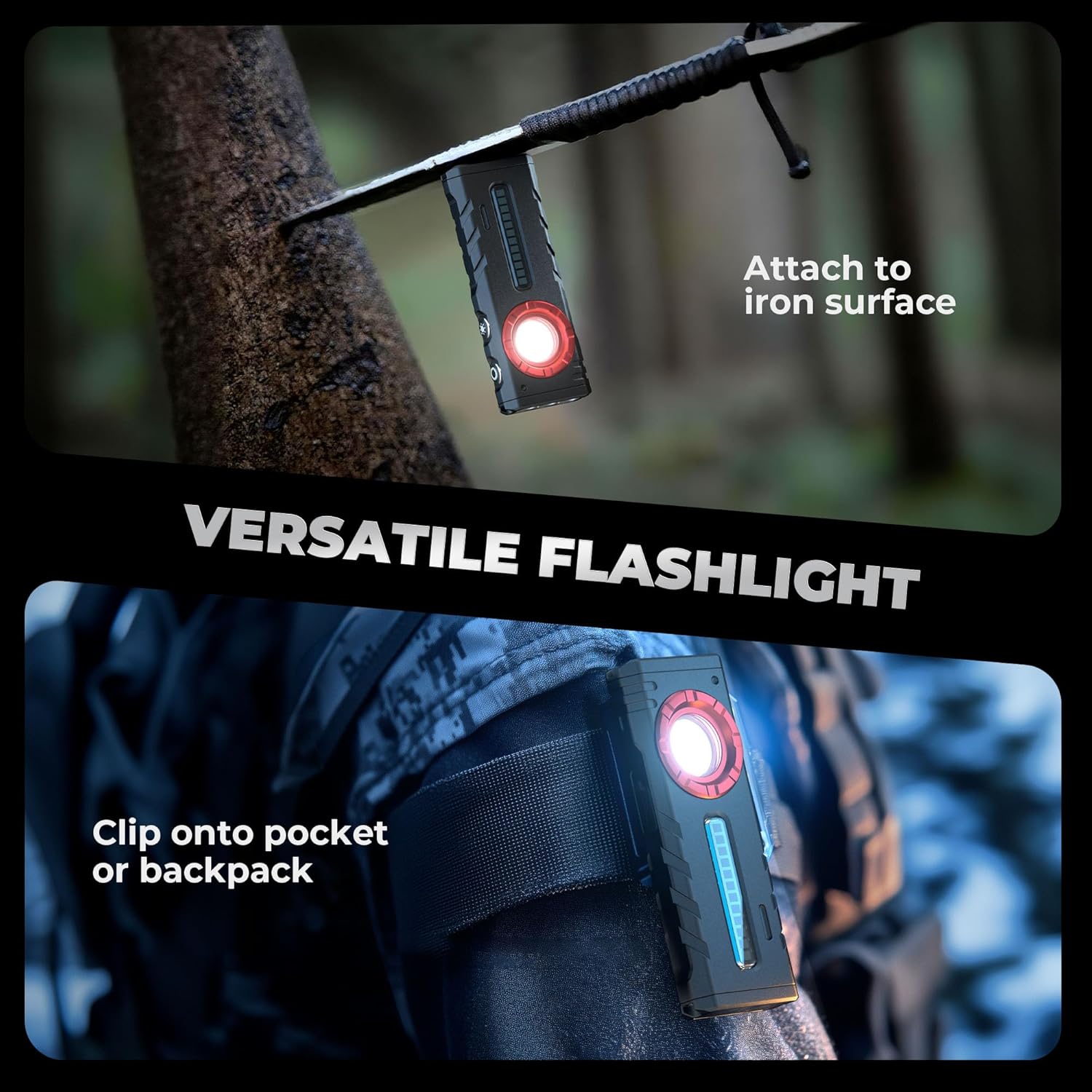 Two images demonstrating the versatile carry options of the lexall flashlight: one showing it attached magnetically to an iron surface, and another showing it clipped onto a pocket or backpack strap.