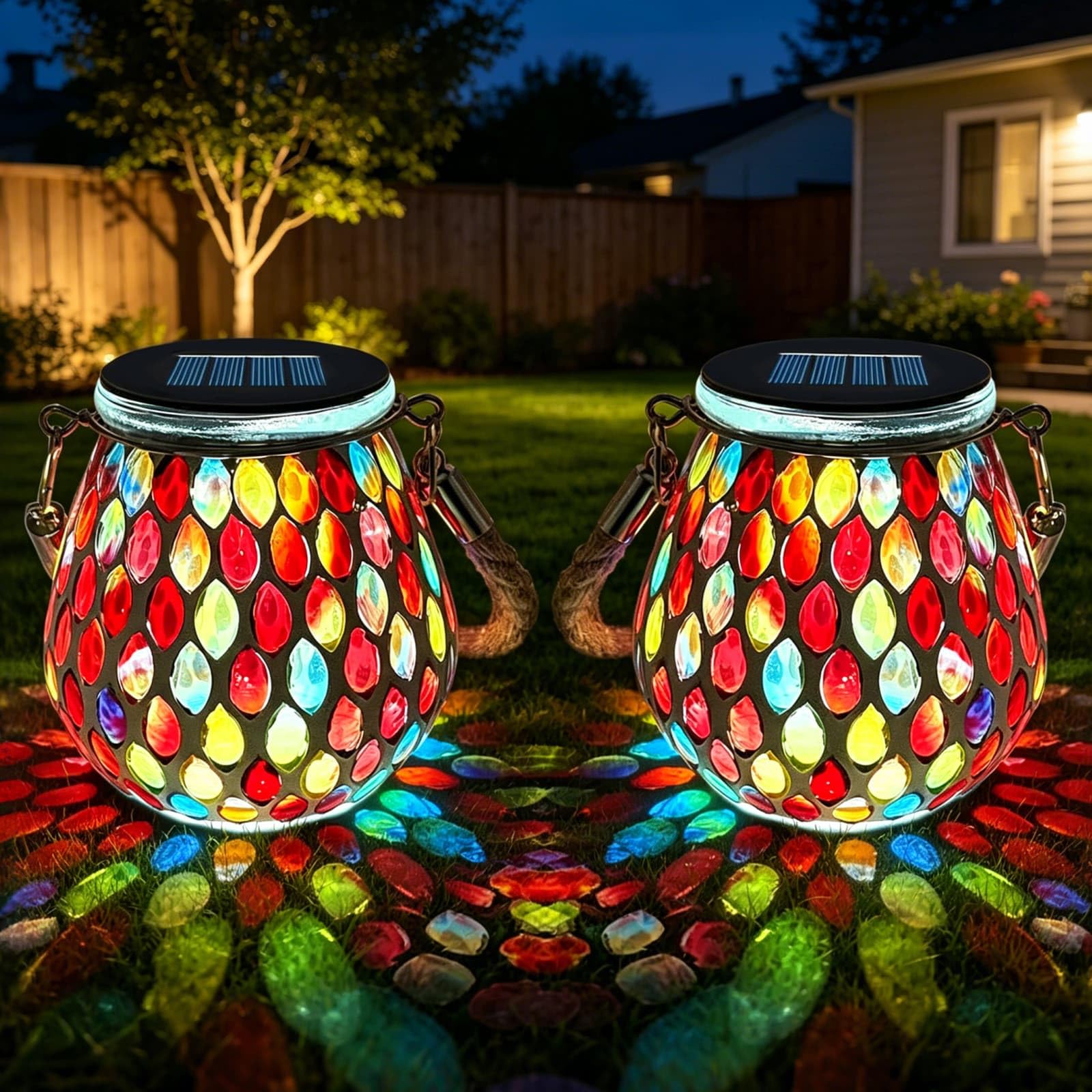 2PCS Oval Mosaic Solar Lights, Outdoor Garden Mosaic Solar Lanterns, Hanging Solar Lights, IP65 Waterproof, Outdoor Garden Lanterns for Patio, Lawn, Balcony, Pathway, Yard Decor (Red)