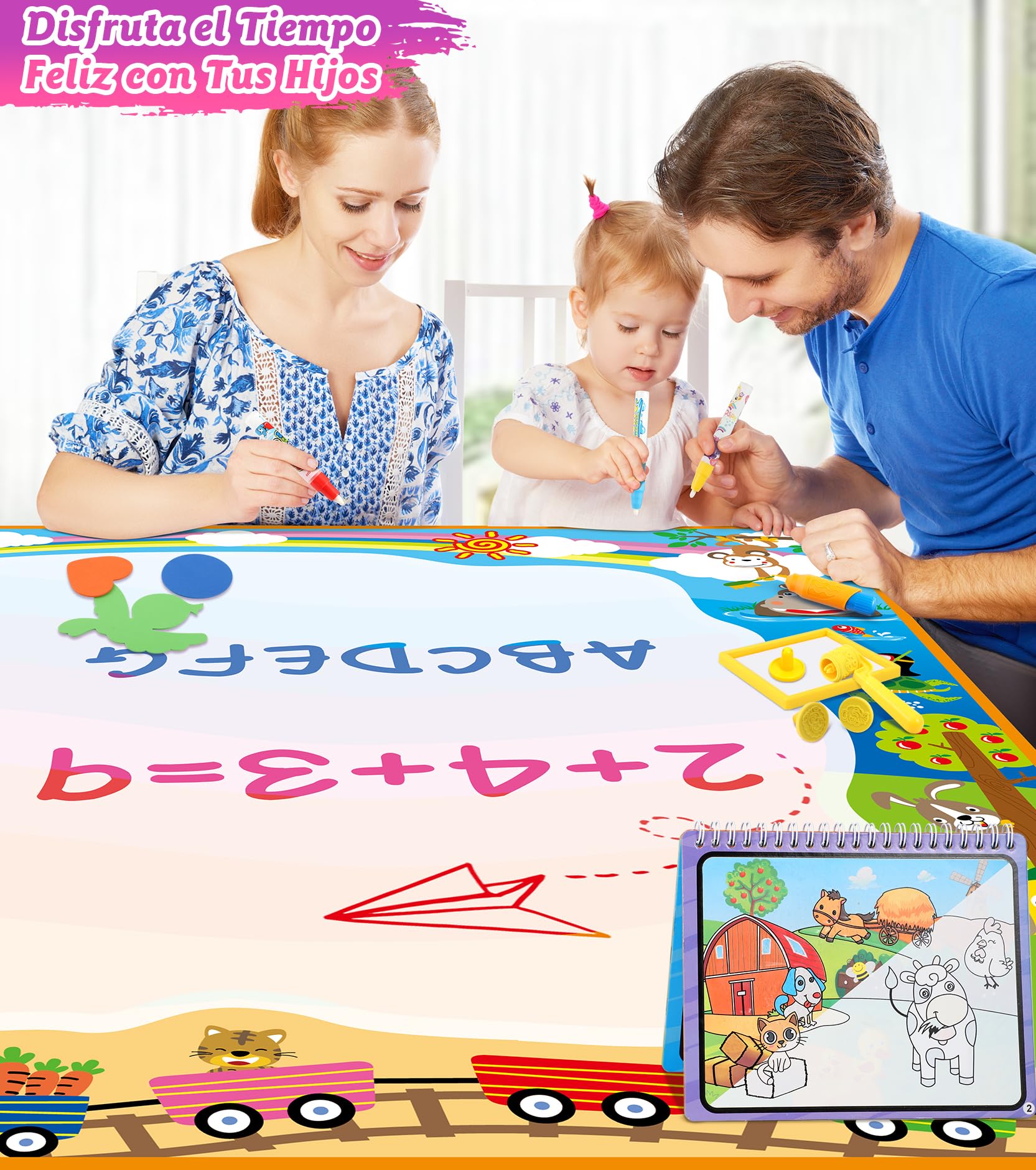 lenbest 100 x100cm Agua Dibujo Pintura, Estera de Dibujo de Agua, Alfombra Mágicas, 8 Plantilla de EVA, 5 Herramienta de Sello de Rodillo Especial, 3 Dolígrafo Niño, 1 Libro de Pintura al Agua