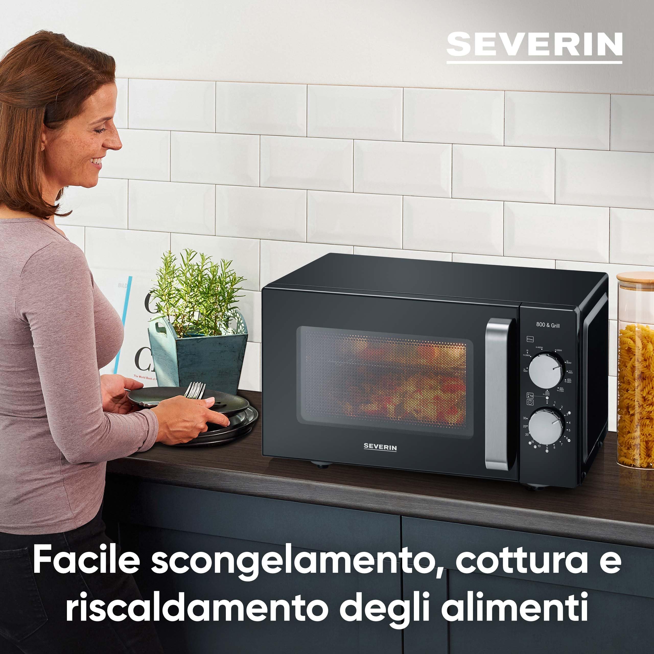 SEVERIN Forno a Microonde, 800W, 20 Litri, Fondo Piatto in Vetro, Senza Piatto Girevole, 6 Livelli Potenza, con Funzione Scongelamento, 46,5 x 39,5 x 27,5 cm, Nero/Acciaio Inox - MW 7761