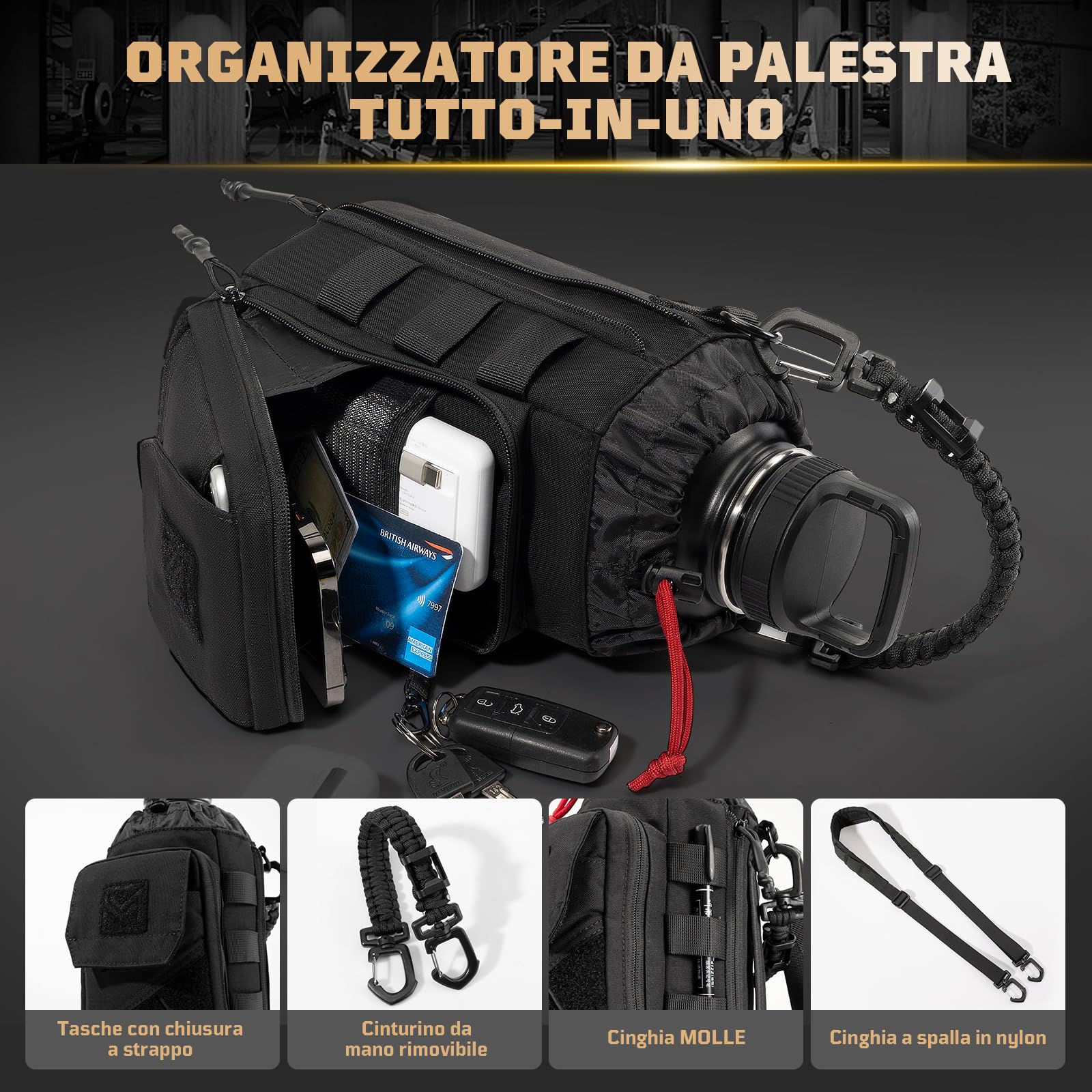 Borsa Porta Borraccia Magnetica per Palestra 1–2L – Custodia Magnetica con Tasca Smartphone, Tracolla Regolabile, Imbottita (senza bottiglia)