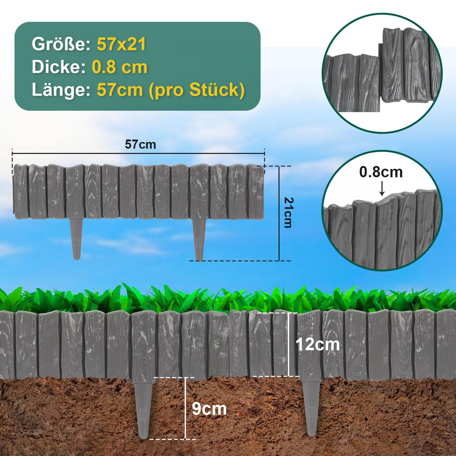 Kunststoff Rasenkante 15.96M Holz Optik Garden Border aus Polypropylen Anthrazit 28 Stück Palisade Beetumrandung Rasenkante Beeteinfassung 1 Element LxH: 57x21 cm