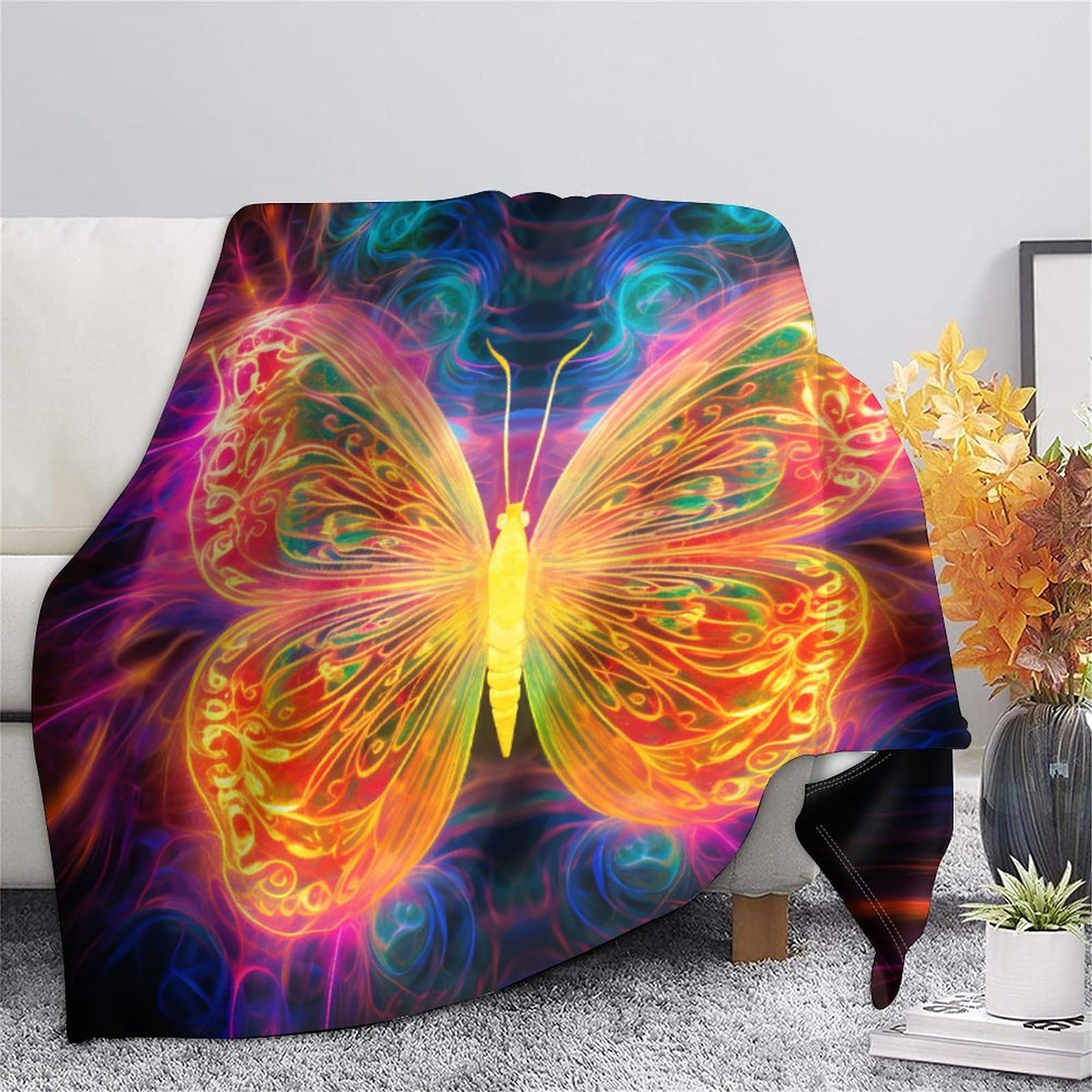Retro Farfalla neon Coperta in Flanella Con Stampa 3D Peluche Coperte Caldo Morbida Per Ragazzi Adulti Coperta Termica ，per Divano Letto Tutte Le Stagioni 70x80inch(180x200cm)