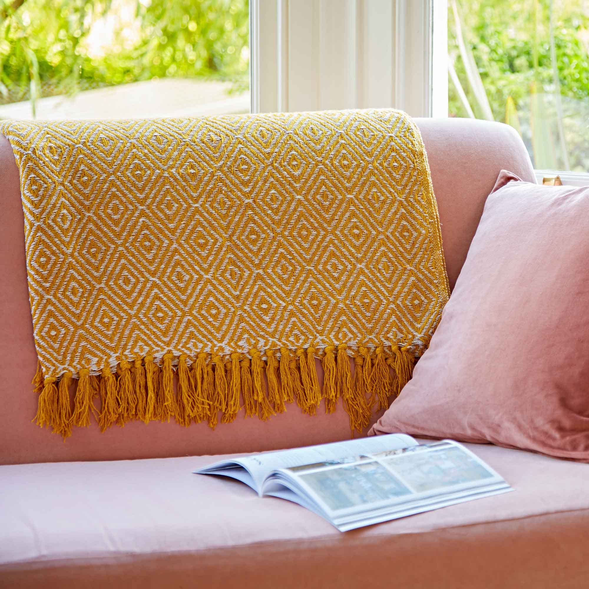 Paper High Recycled Cotton Woven Diamond Throw | Sustainable and Fair Trade (Mustard)