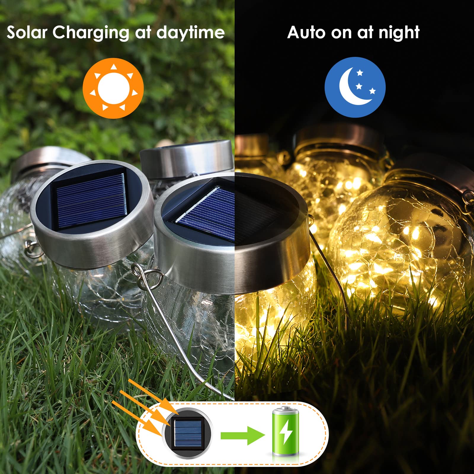 Confezione da 8 luci a LED a forma di sfera in vetro incrinato, a energia solare, impermeabili, con manico per patio, albero, vacanze, luci solari da giardino per esterni, decorazione (bianco caldo)
