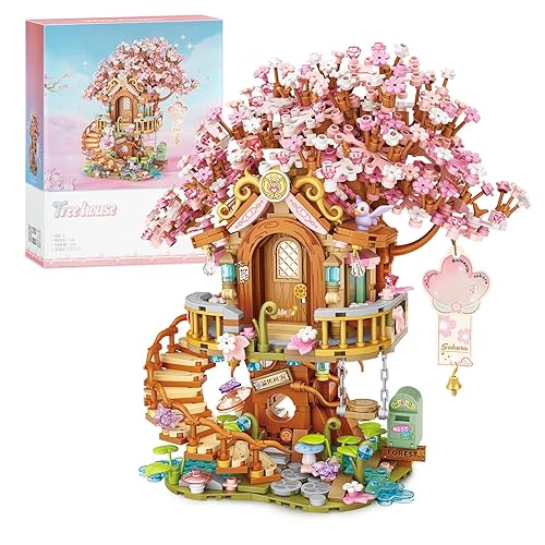 Finger Rock Kirschblüten Baumhaus Mini Klemmbausteine, 1149 Teile Garten Haus, Blumen Bonsai Deko Modell, Creative Geschenk für Erwachsene oder Jugendliche - Kirschblüten Baumhaus