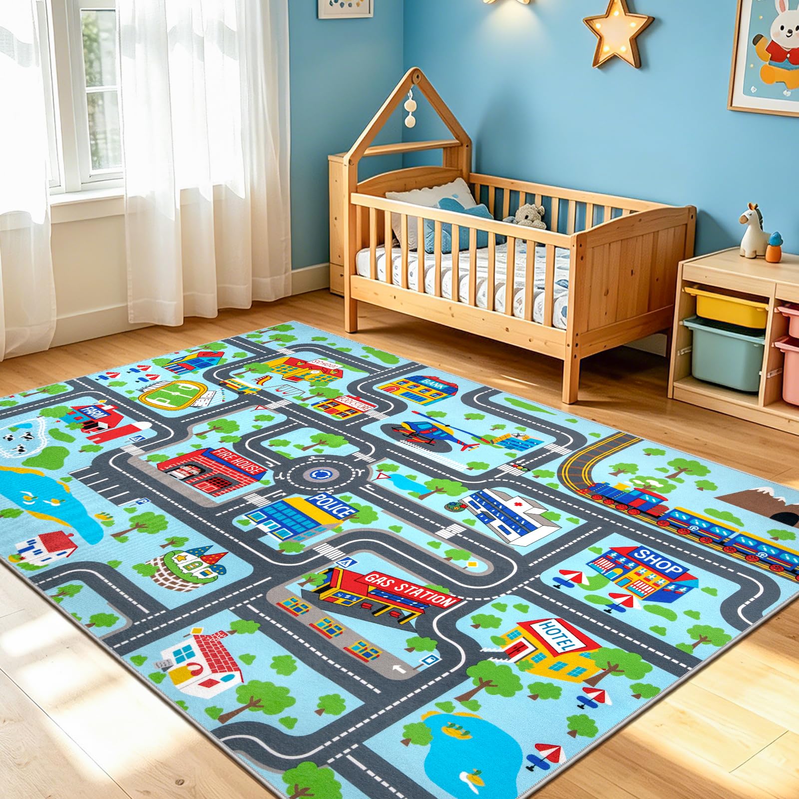 Capslpad Alfombra educativa para niños, de 6.6 x 5 pies, camino de tráfico, tapete para coche, tapete grande para aprendizaje y juegos, alfombra para sala de juegos, sala de estar, guardería,