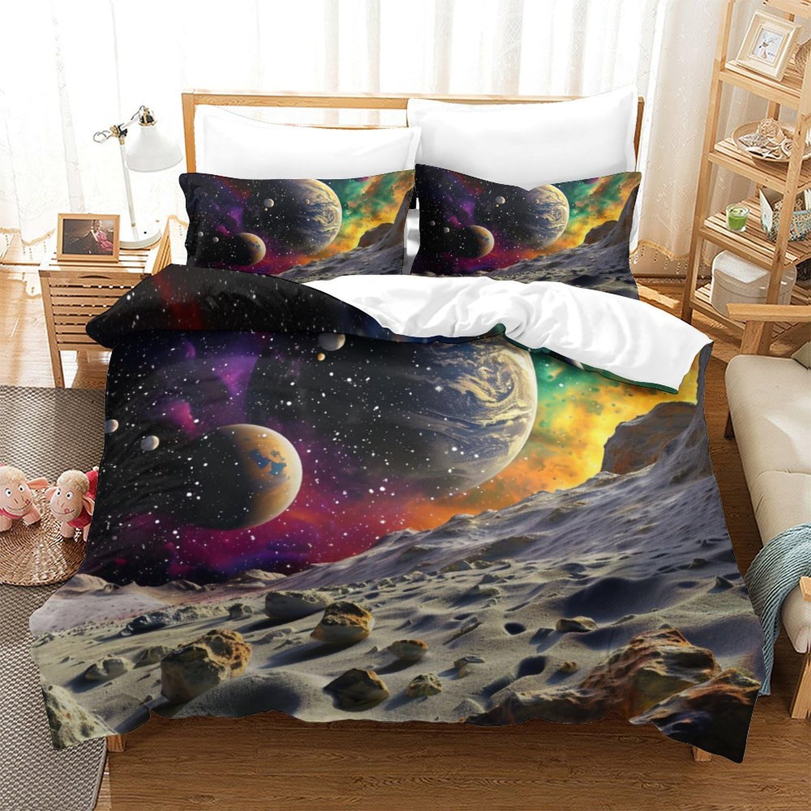 BARDYS Cosmic Planets 3D Printed Duvet Cover Set 3 Pieces Bedding Soft Microfiber with Zipper Closure，Pillowcases for Kids Girls Boys Adults Bedroom Super King（260x220cm）