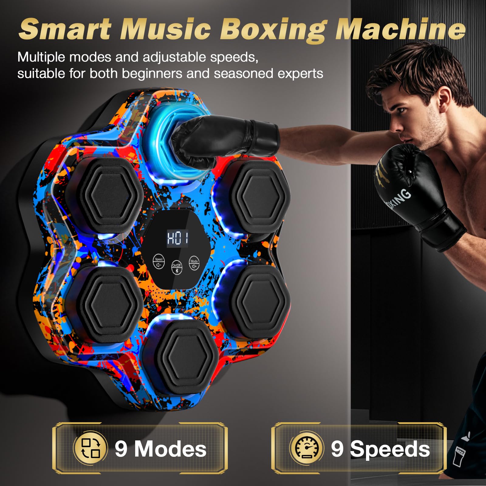 Music Boxing Machine, Smart Bluetooth Boxing Machine with Gloves, Wall Mounted Music Punching Trainer for Kids Adult, LED Electronic Boxing Workout Target with 9 Modes & 9 Speeds