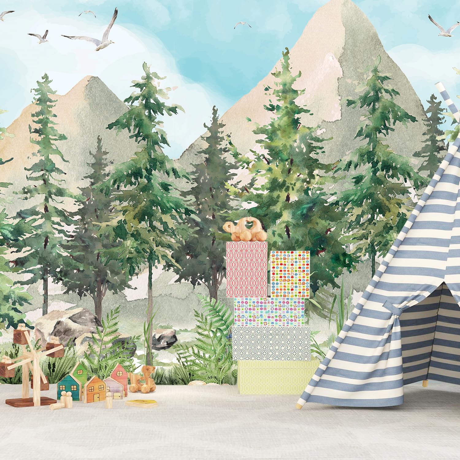 Celestdeco Kids Forest Wallpaper, Mountain and Pine Tree Wall Mural for Children's Bedroom Living Room Nursery,Woodland Plants Large Wall Mural 358x245cm（not Peel and Stick）