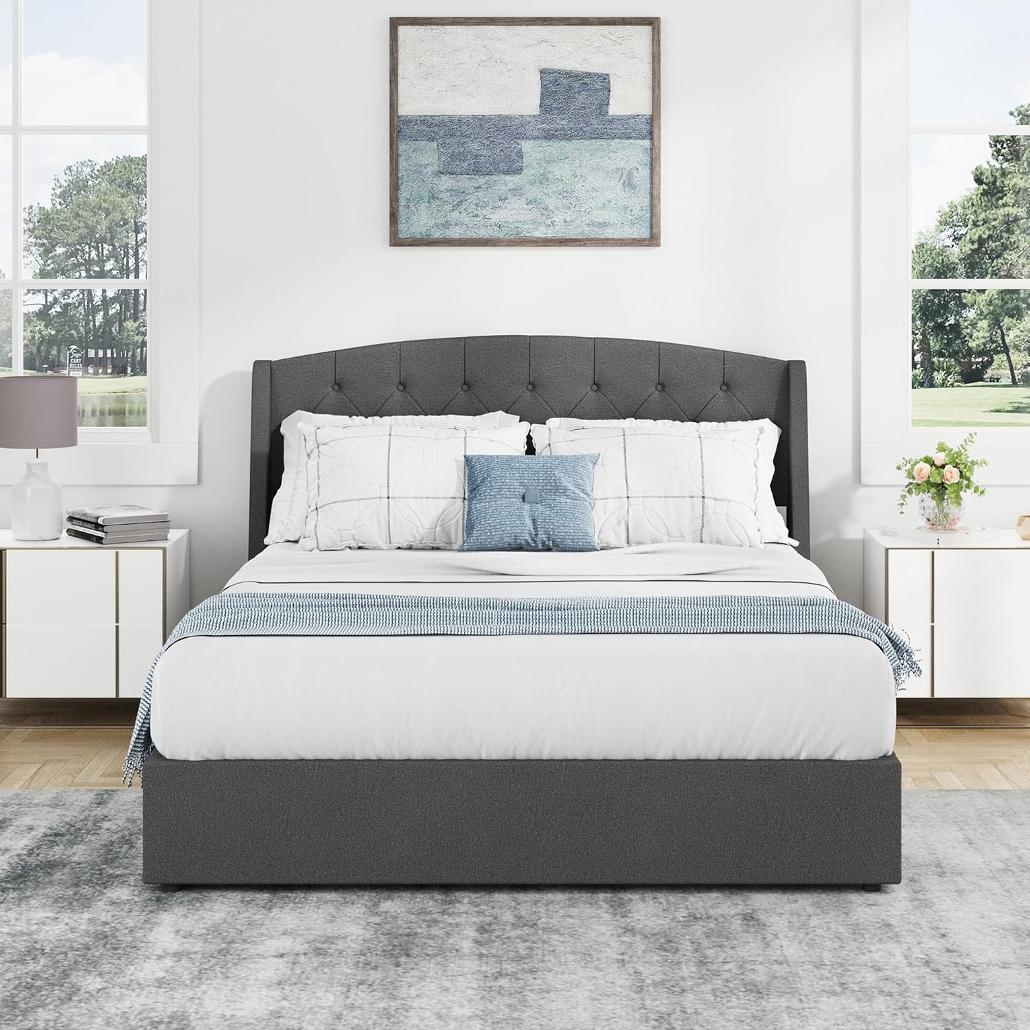 EGOHOME Queen Metal Bed Frame,Powerful Hydraulic Lift and Modern Wingback,High-Capacity Storage Bed Frame with 900lb Support,Effortless Assembly with Ratchet Wrench,No Box Spring Needed，Dark Grey