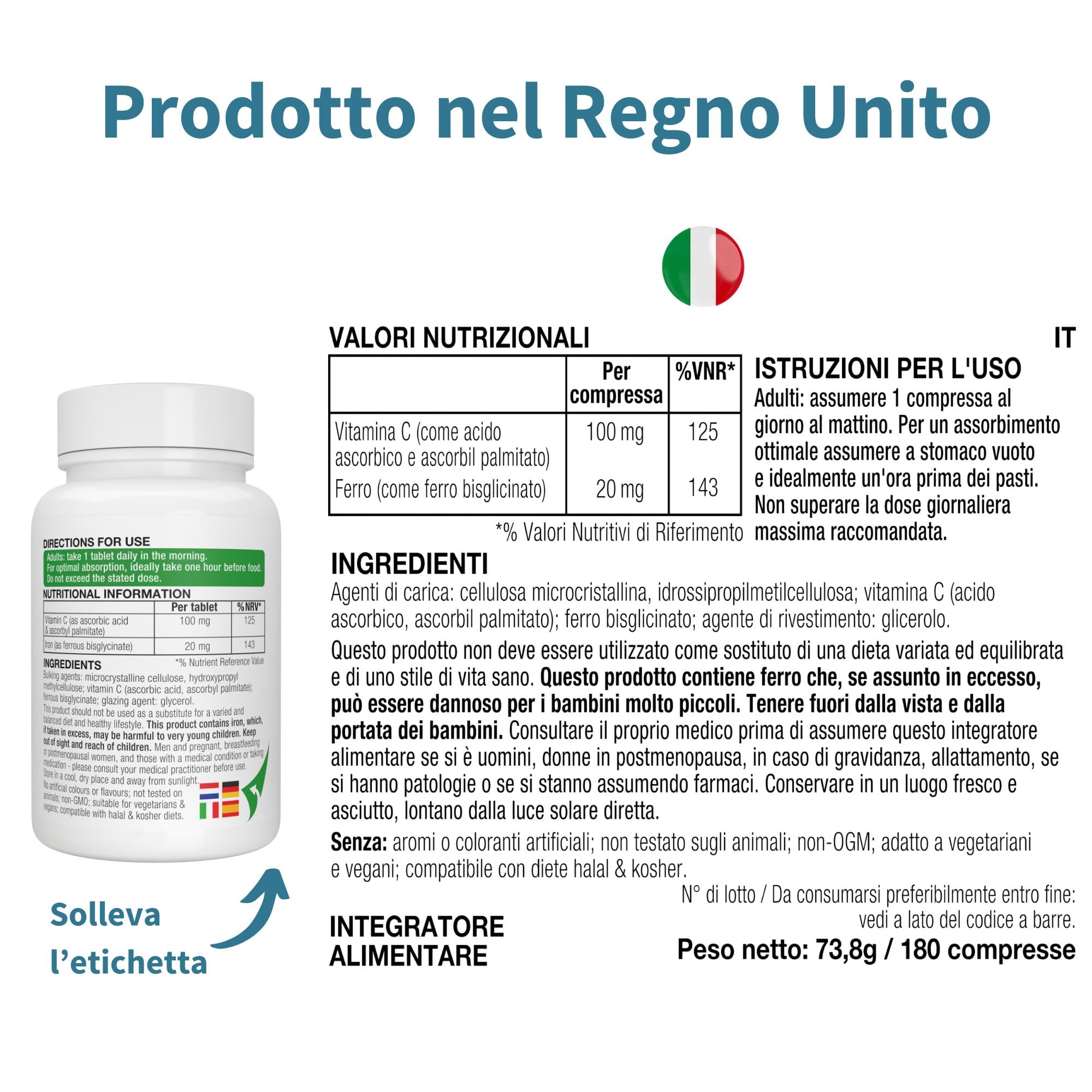 Igennus Ferro Bisglicinato 20mg con Vitamina C 100mg, Alto Assorbimento e Rilascio Mirato, Delicato sullo Stomaco, Integratore Ferro per Stanchezza, Ingredienti Puri, 180 Compresse Vegane, 1 al giorno