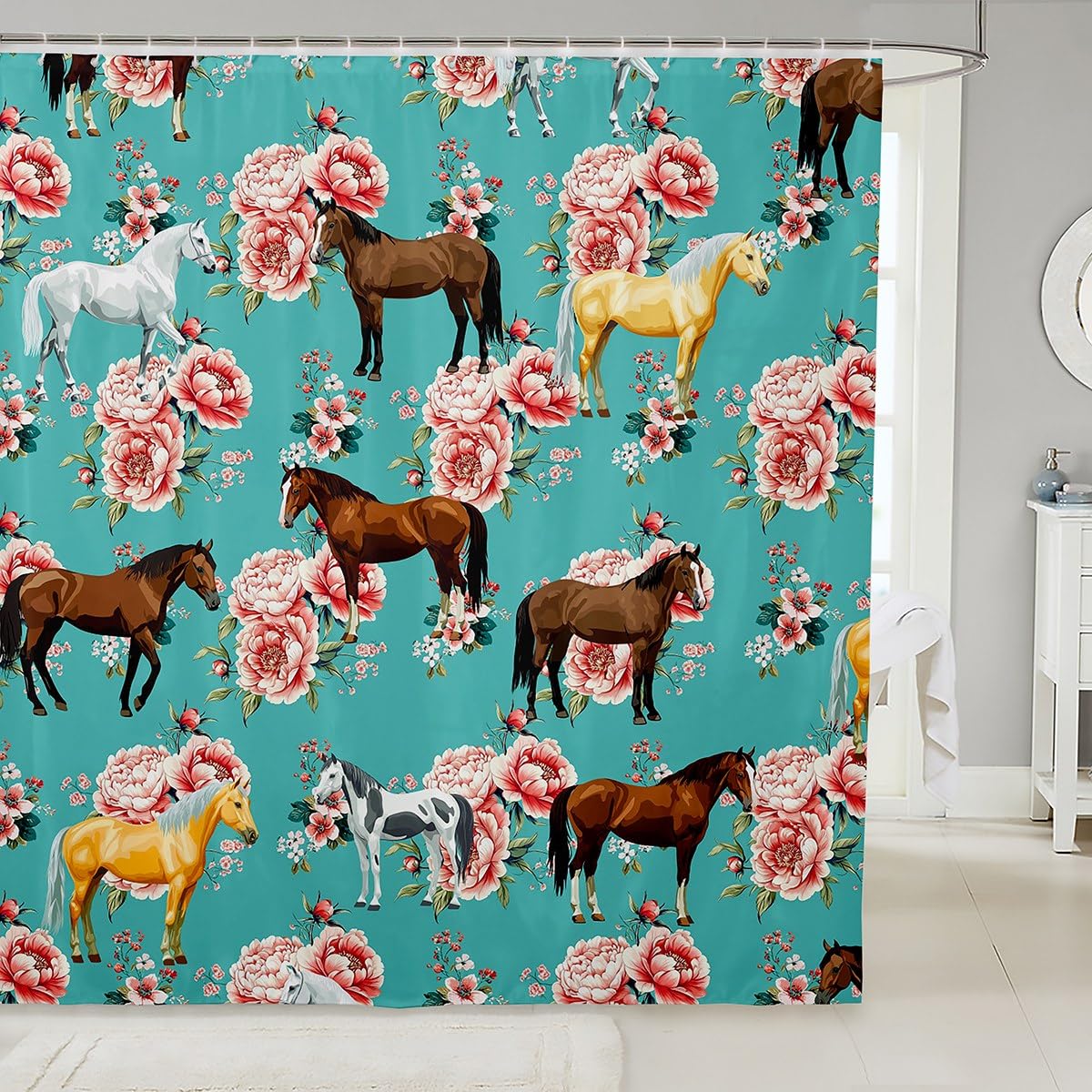 Retro Floral Horse Bath Curtain - Galloping Horse Farm Animal Gifts, Cowboy/Cowgirl Shower Curtain, Green Teal 72" W x 72" L