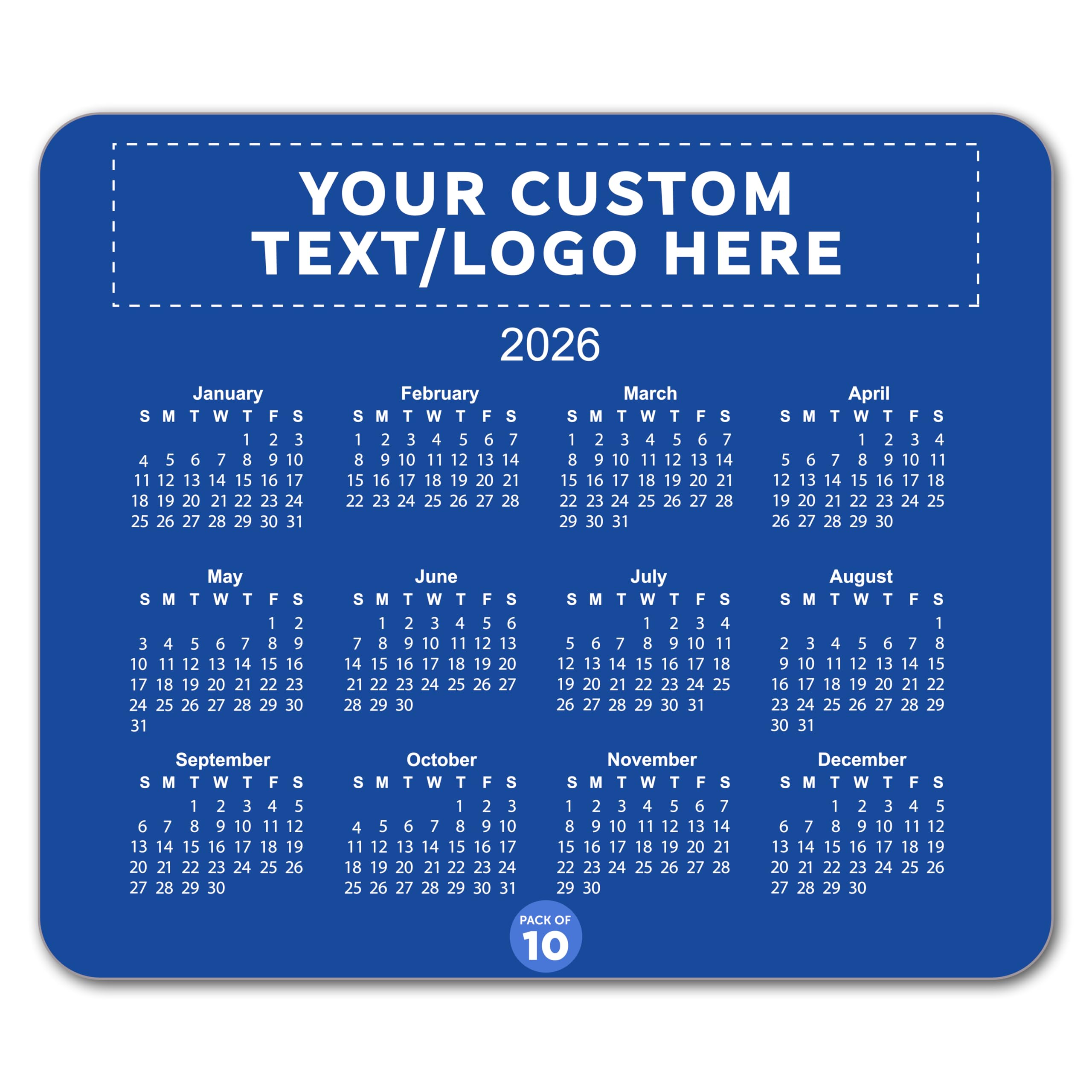 Custom Horizontal Calendar Mouse Pads Set of 10, Personalized Bulk Pack - Great Gift for Employees, Clients, and for Tradeshows - Blue