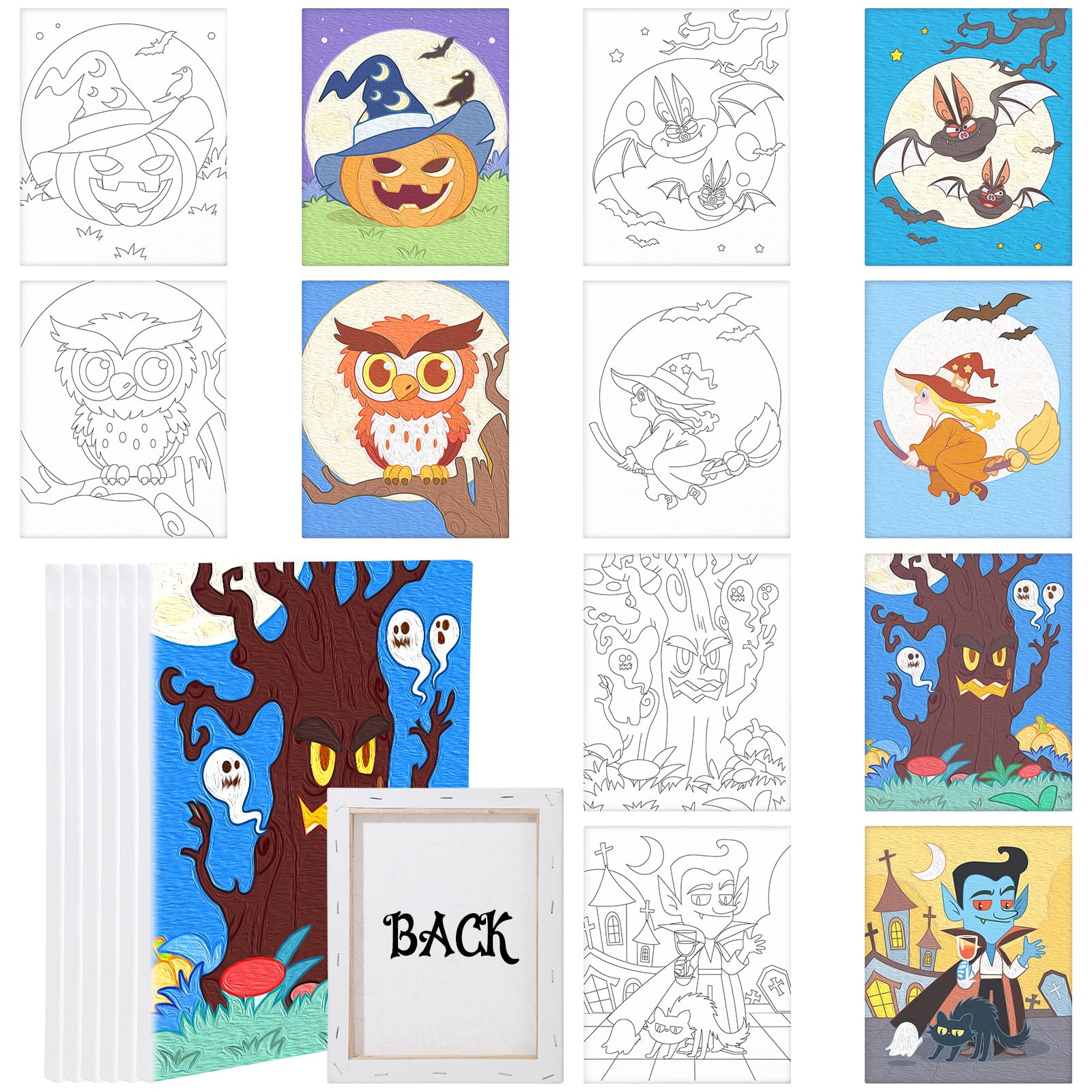 Cindeer 6 Packs 8 x 10 Inches Halloween Pre Drawn Canvas for Adult Framed Pumpkin Witch Bundle Stretched Painting Canvas DIY Halloween Acrylic Pouring