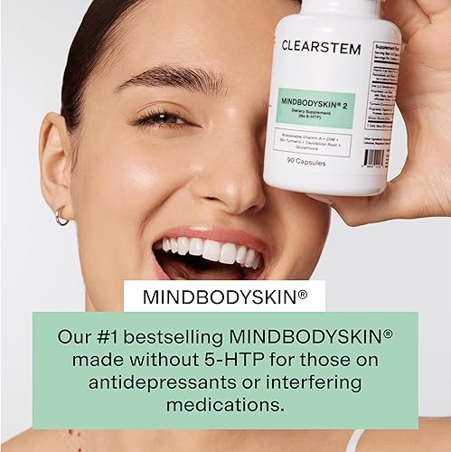 Vista 2 de CLEARSTEM - MINDBODYSKIN Suplemento hormonal para el acné (sin 5-HTP) - Suplemento DIM natural - Vitaminas para el cuidado de la piel - Equilibrio