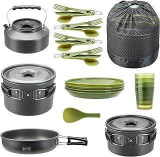 Trail Camping Cookware Set, 4 Person Camp Cooking Kit, Non Stick Hard Anodised Aluminium, 2 Lidded Cook Pots, Frying Pan, Kettle, Spatula, 4 Cups, Plates & Cutlery Sets, Lightweight Stackable with Bag