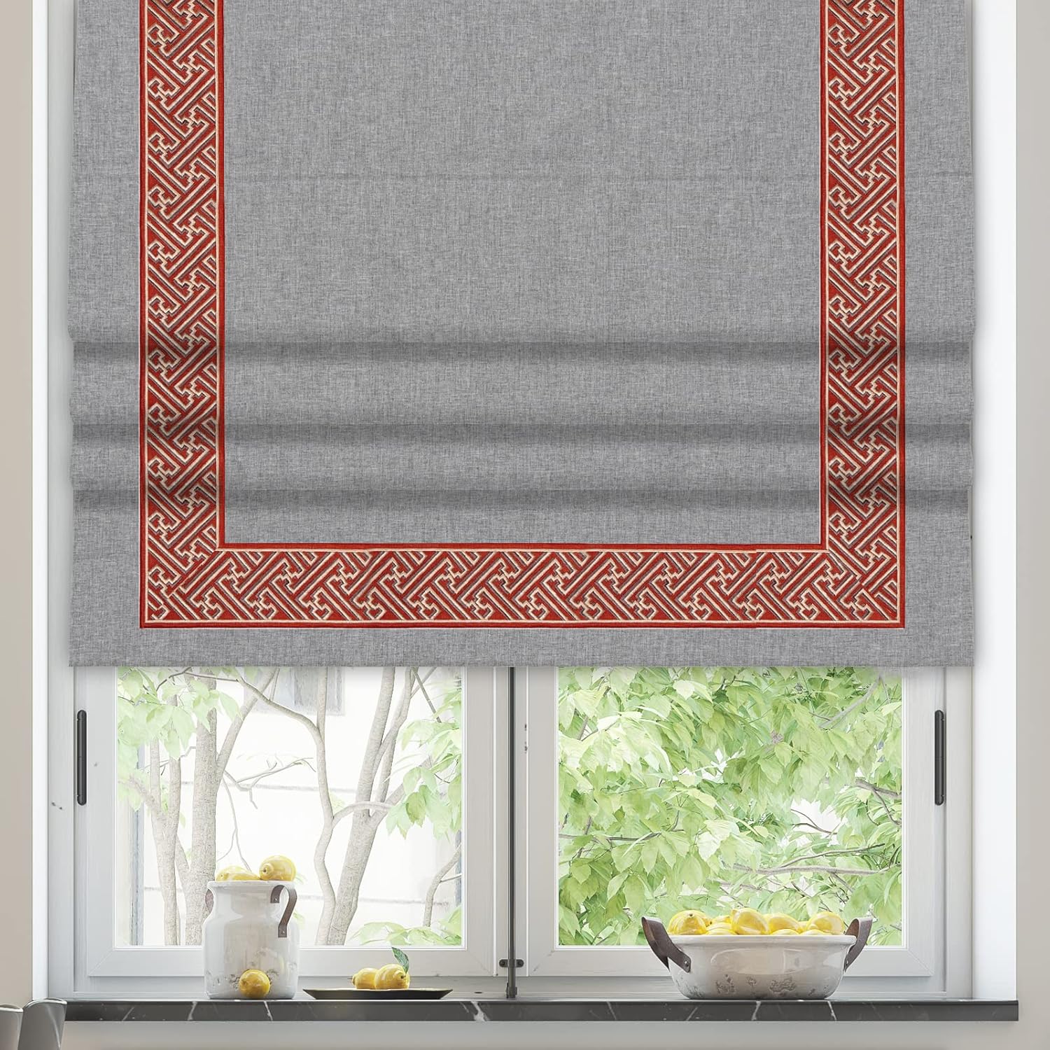 Cordless Roman Shades with Border, Blackout Beige White Border Roman Window Shades, Washable Custom Fabric Roman Shades for Windows, Doors, Nursery