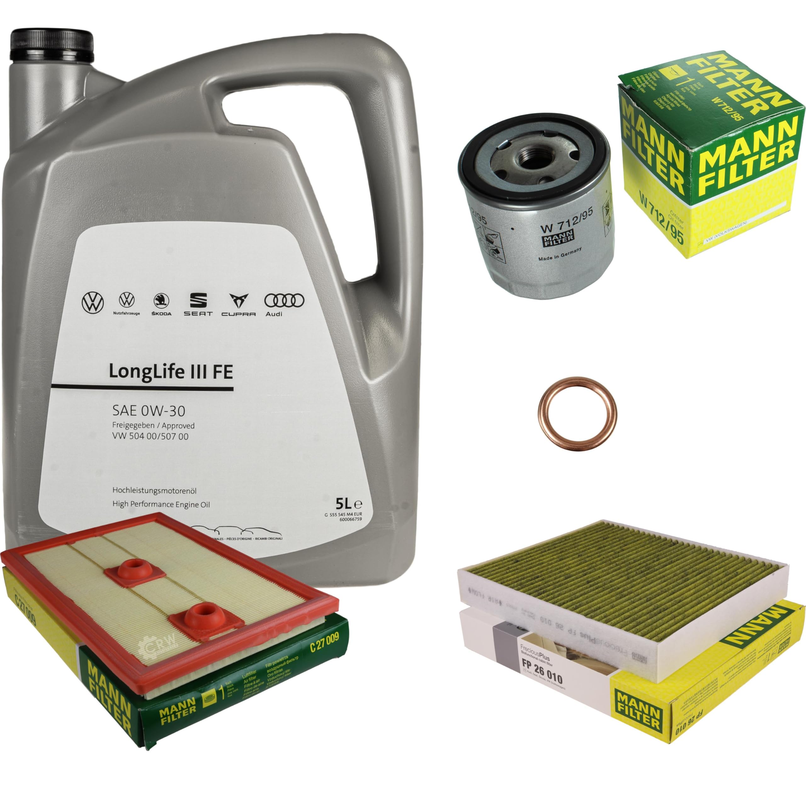 Pacchetto di ispezione pacchetto di manutenzione filtro con 5 l 0W-30 olio motore LongLife 3 FE, filtro dell'olio, filtro dell'aria abitacolo (carbone attivo), anello di tenuta