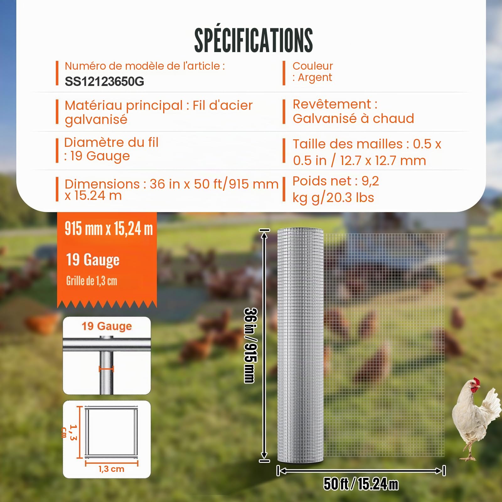 VEVOR Grillage métallique soudé, 915 mm x 15,24 m, rouleau treillis métallique galvanisé à chaud maillage 12,7 x 12,7 mm clôture en fil de poule calibre 19 pour cages à lapins, jardin, petits rongeurs