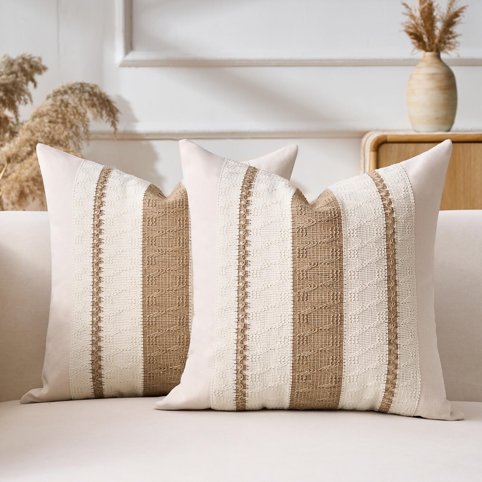 Aisybaklyn Cotton Linen Cushion Covers 45 x 45 cm 2 Pieces Boho Chic Decoration Brown Cushion Cover Sofa Texture Woven Home Decoration Modern for Sofa Bed Chair Room Office Living Room