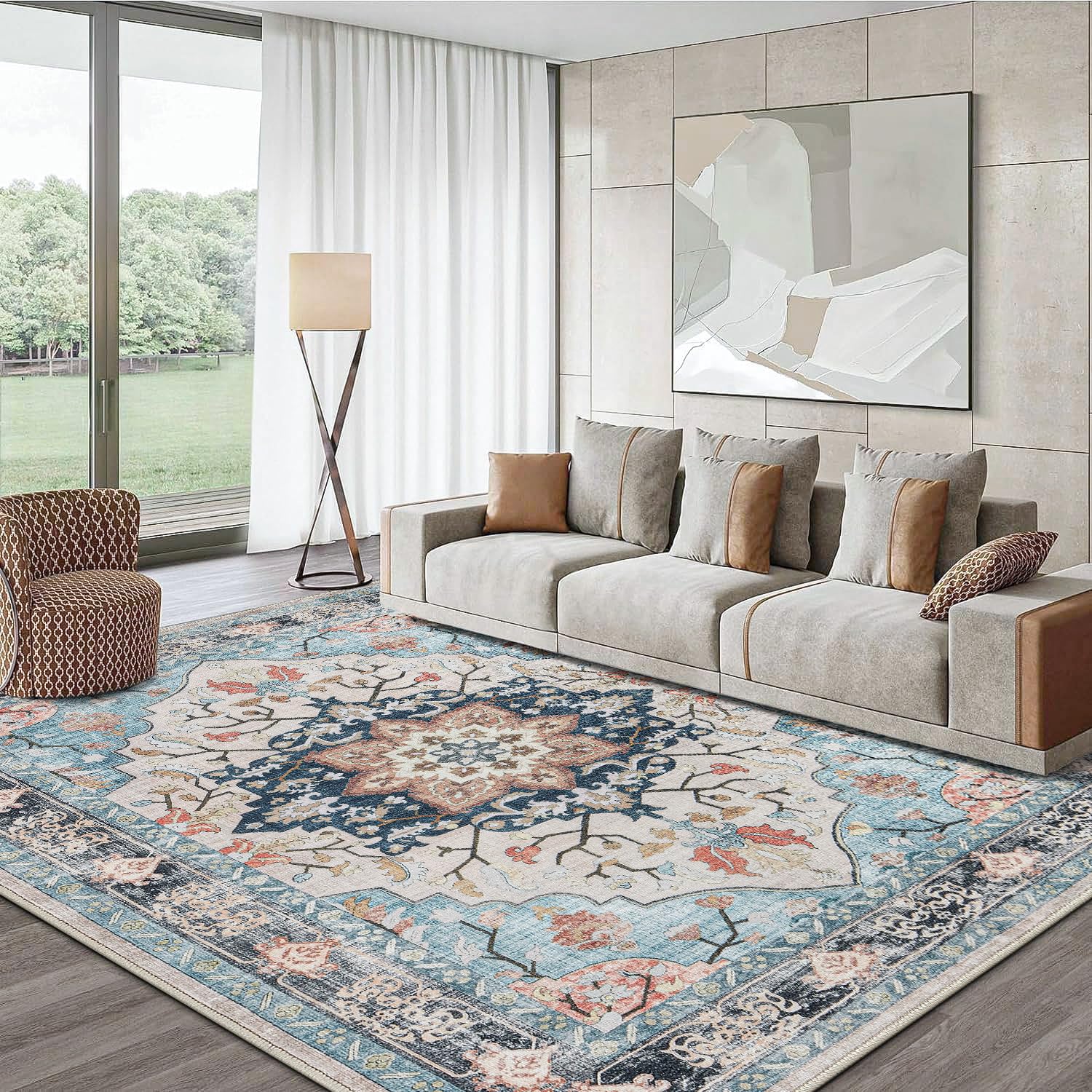 Washable Blue Non Skid 8x10 Low Pile Vintage Boho Floral Big Area Rugs for Bedroom, Kitchen, Dorm Room, Playroom, Office, Living Room