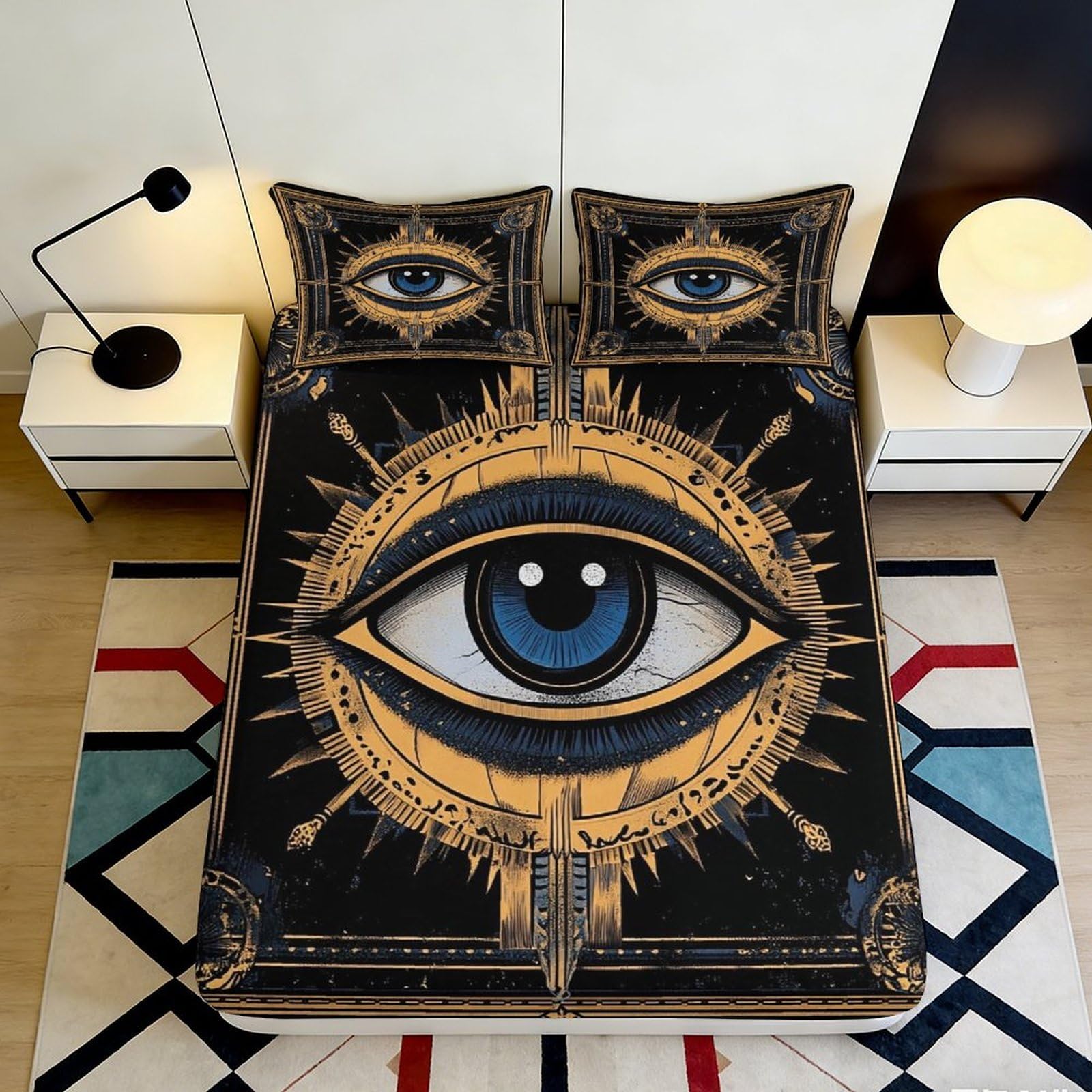 3D Printed Eye Symbol Fitted Sheet Microfiber Soft Decor Sun Motif Mattress Cover for Bedroom Guest Room 90x200x25cm