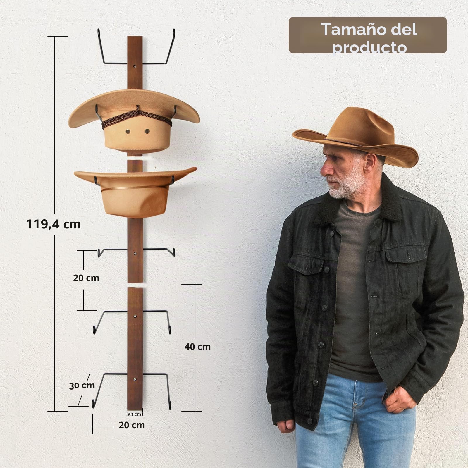 Estante para sombrero de vaquero, soporte de metal para sombrero de vaquero con tabla de madera, 6 piezas para sombrero de pared