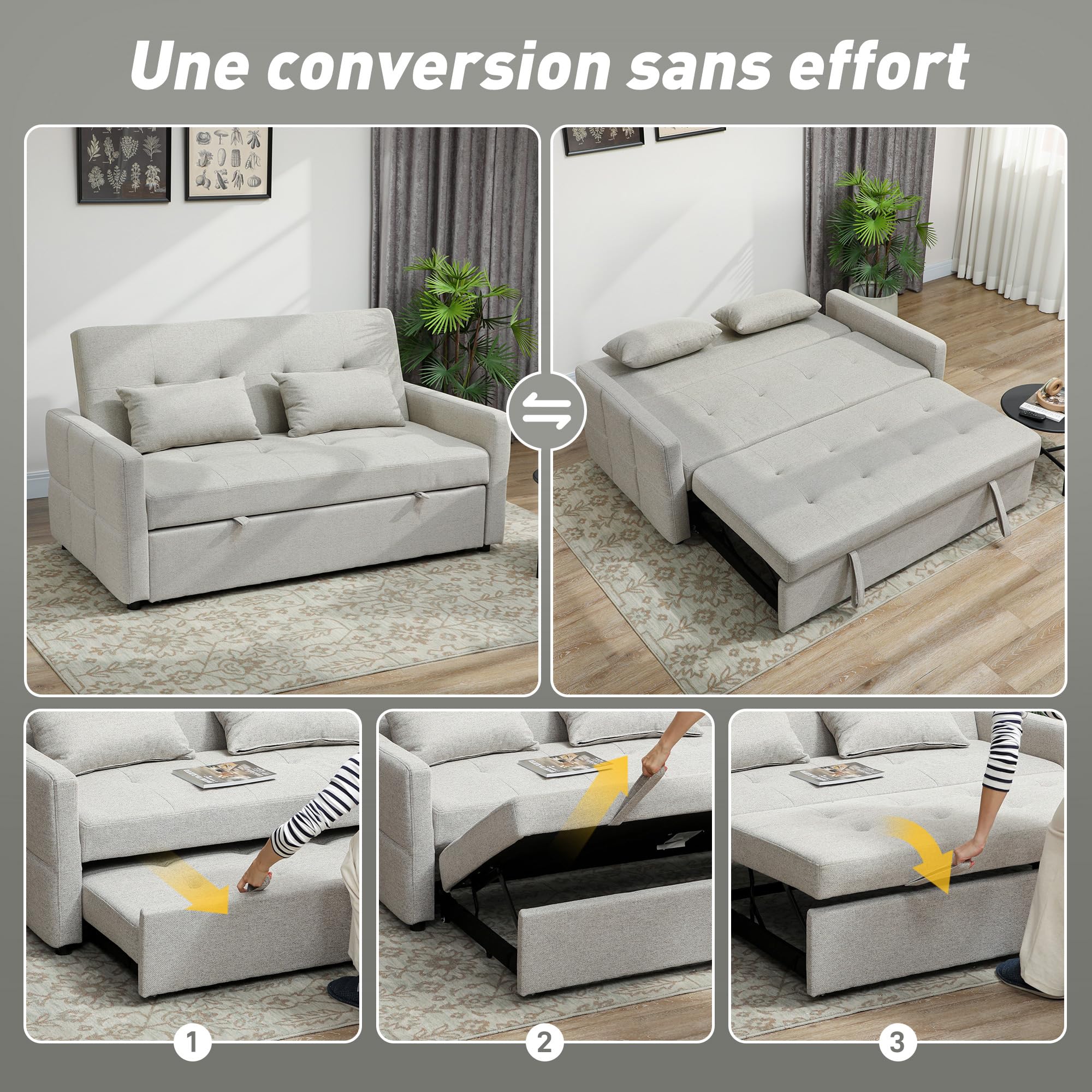 HOMCOM Canapé Convertible 2 Places 3 en 1, canapé-lit clic-clac 137x180cm, lit gigogne, Dossier réglable, 2 Coussins, Assise Large, Tissu Lin, pour Salon, Appartement, Petit Espace, Marron Clair