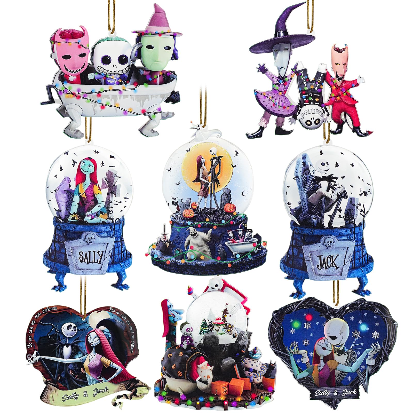 2024 Night mare Before Christmas Tree Decorations, 8PCS Acrylic Cute Jack and Sa&lly Pendants Hanging, 2D Flat Tree Ornaments with Printing and Car Interior, 10cm/3.93in
