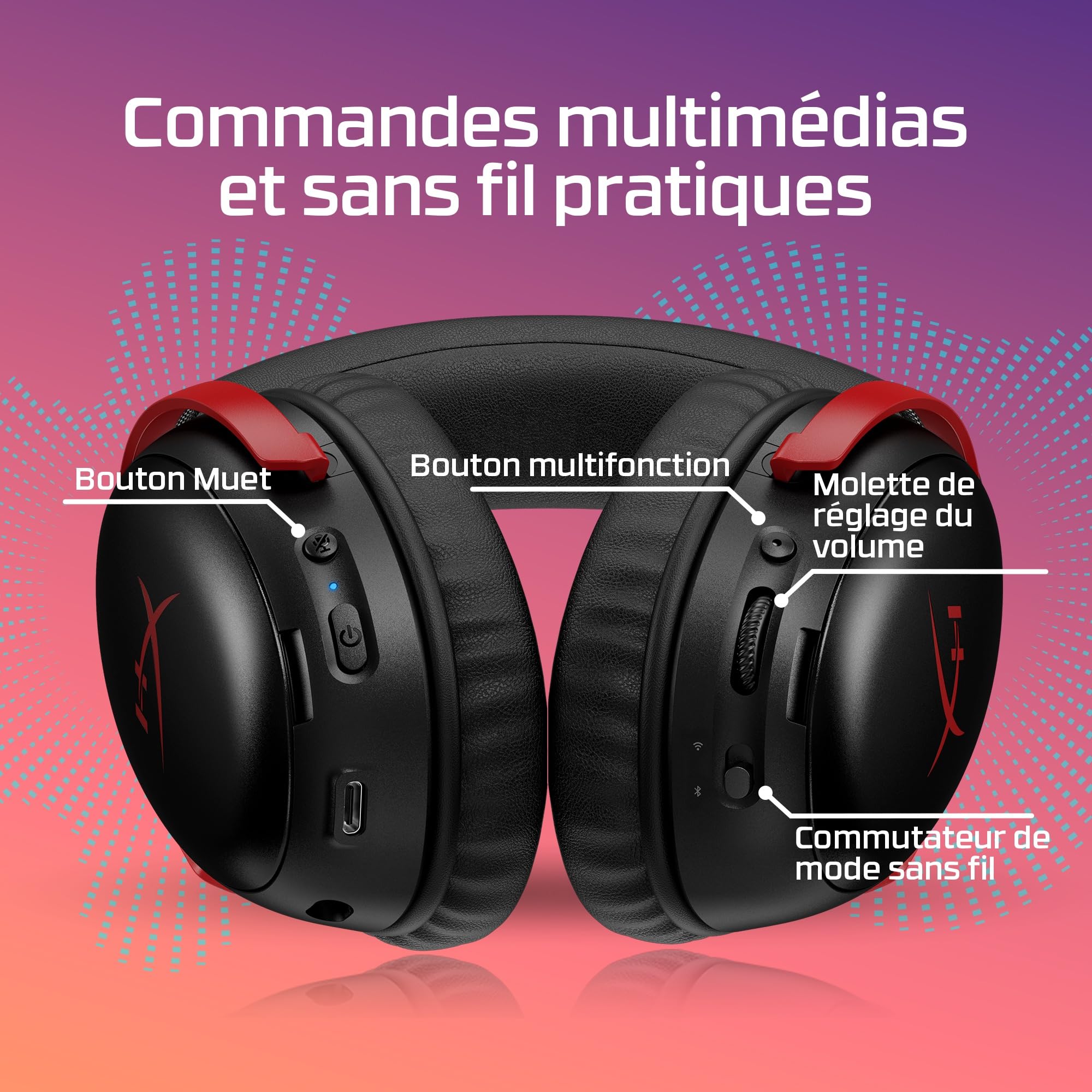 HyperX Cloud III S, Casque Gaming sans Fil, Bluetooth/2,4 GHz, PC/PS5/Xbox, jusqu'à 200h de Batterie, transducteurs 53 mm, DTS, Micro 10 mm, Rouge et Noir