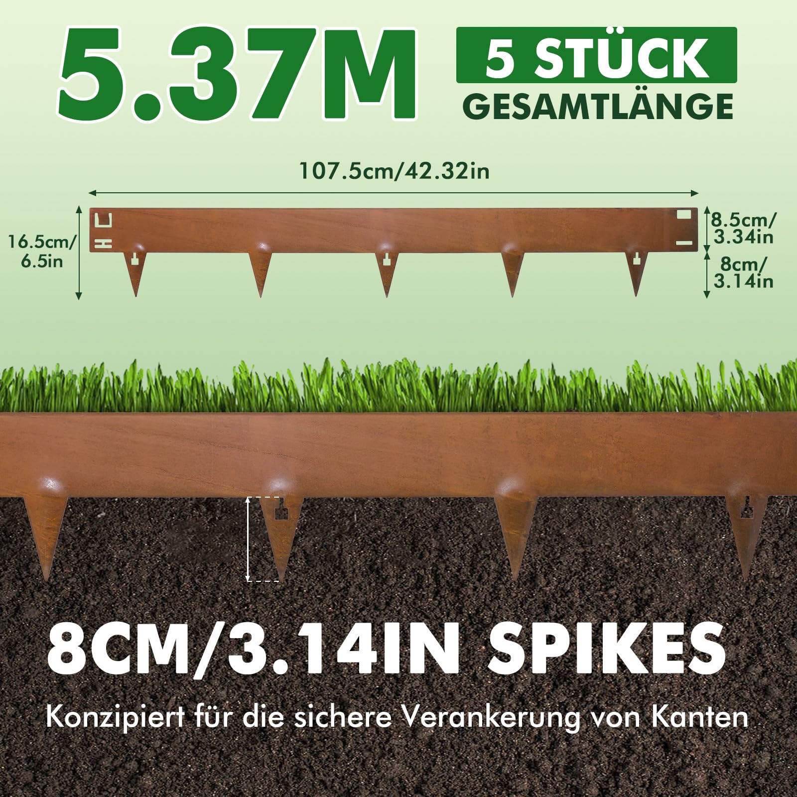 16,5cm Borde de Césped de Acero Resistente a la Intemperie, 5 Piezas Decoración Flexible de Bordura para Jardín, Bordes para Paisaje sin Mantenimiento, Longitud Total 5,37 Metros