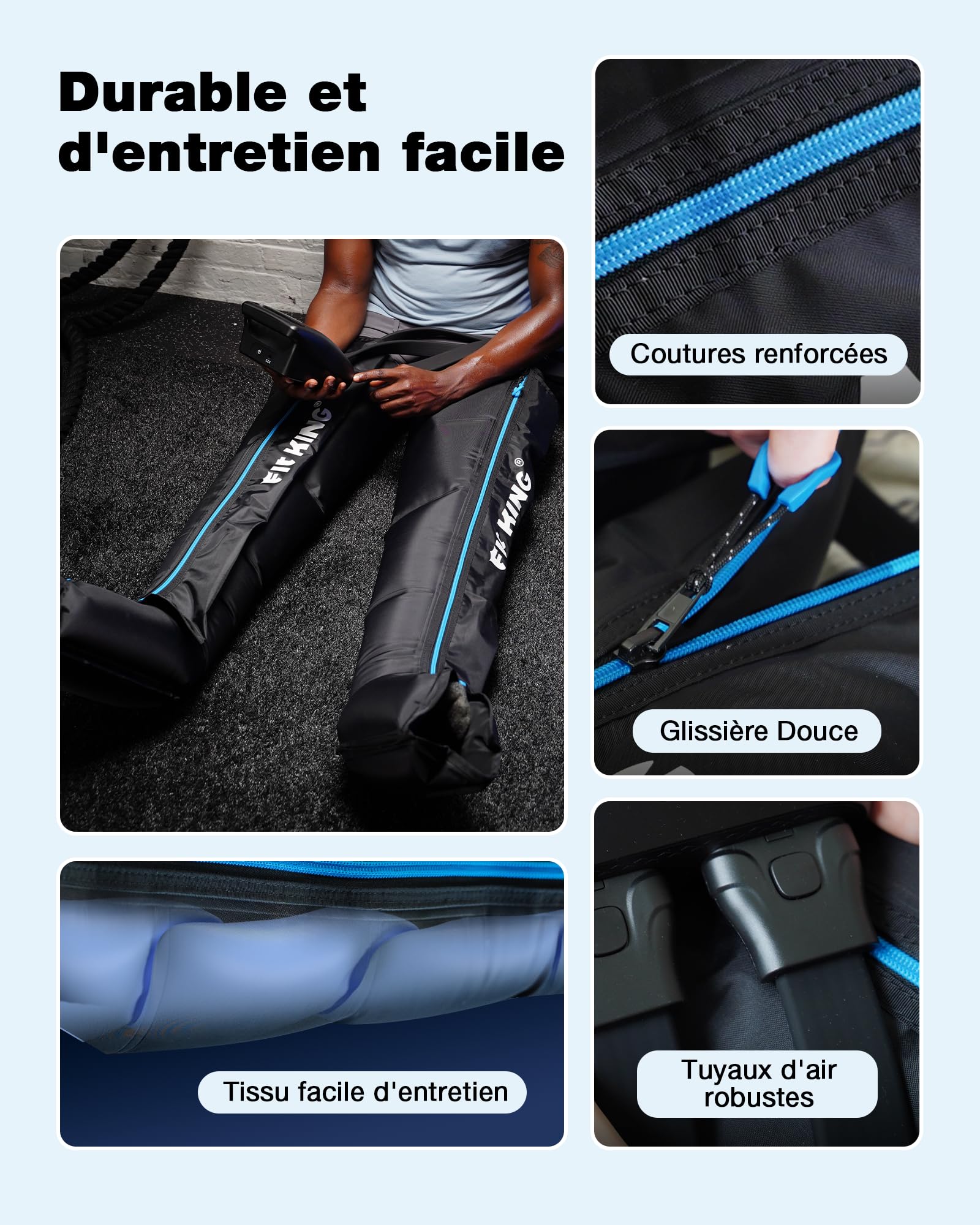 FIT KING Pressothérapie Jambes avec Contrôle 4 Zones, Rechargeable, Bottes de Compression d’Air pour la Récupération et la Relaxation Musculaire Profonde, Portable sans Fil, 12 Intensités, 3 Modes (M)