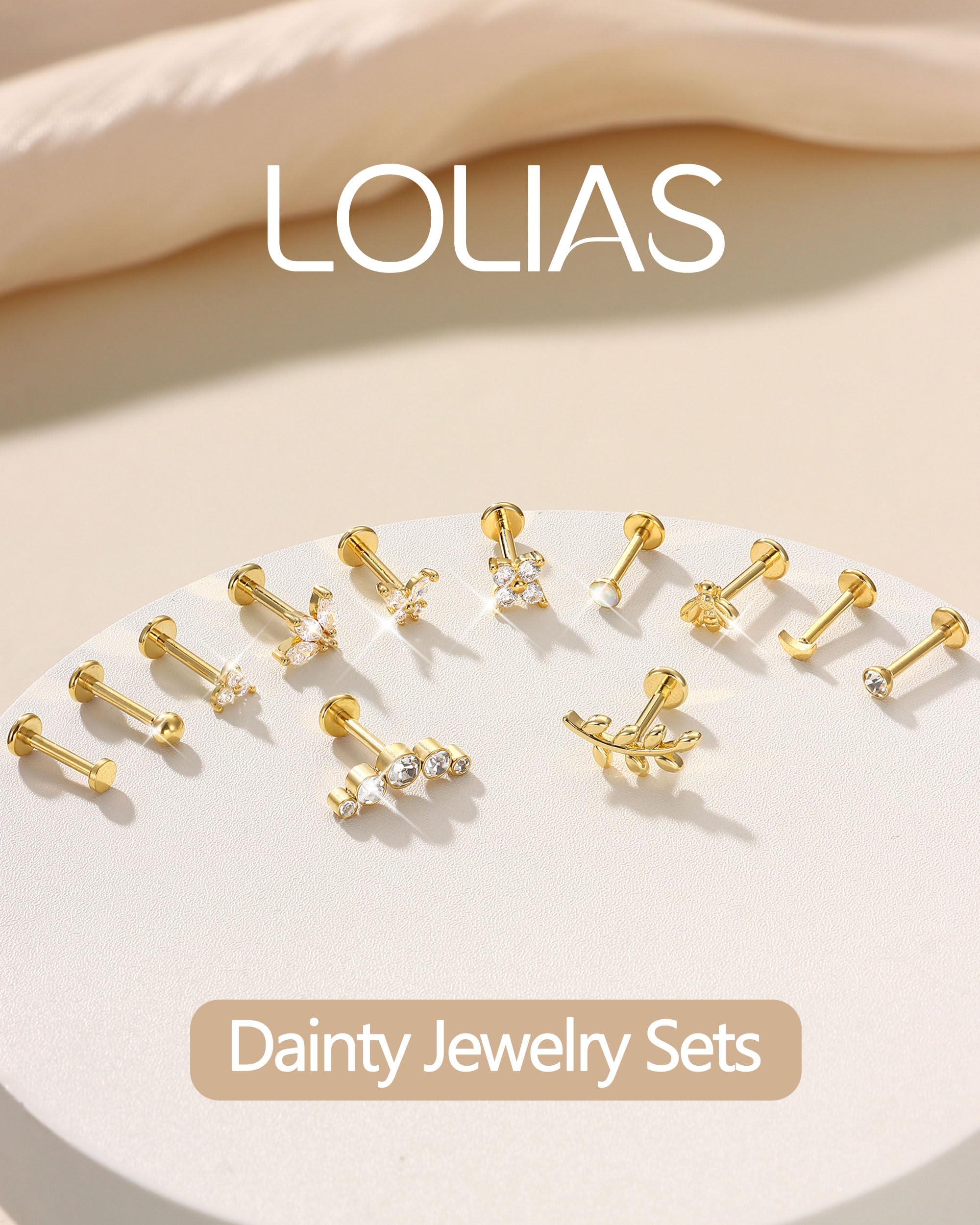 LOLIAS 16G/20G Piercing Oreja Tragus Labret Acero Quirurgico Hipoalergénico CZ Pendiente Mujer Pequeño Conch Helix Labio Oro/Plata