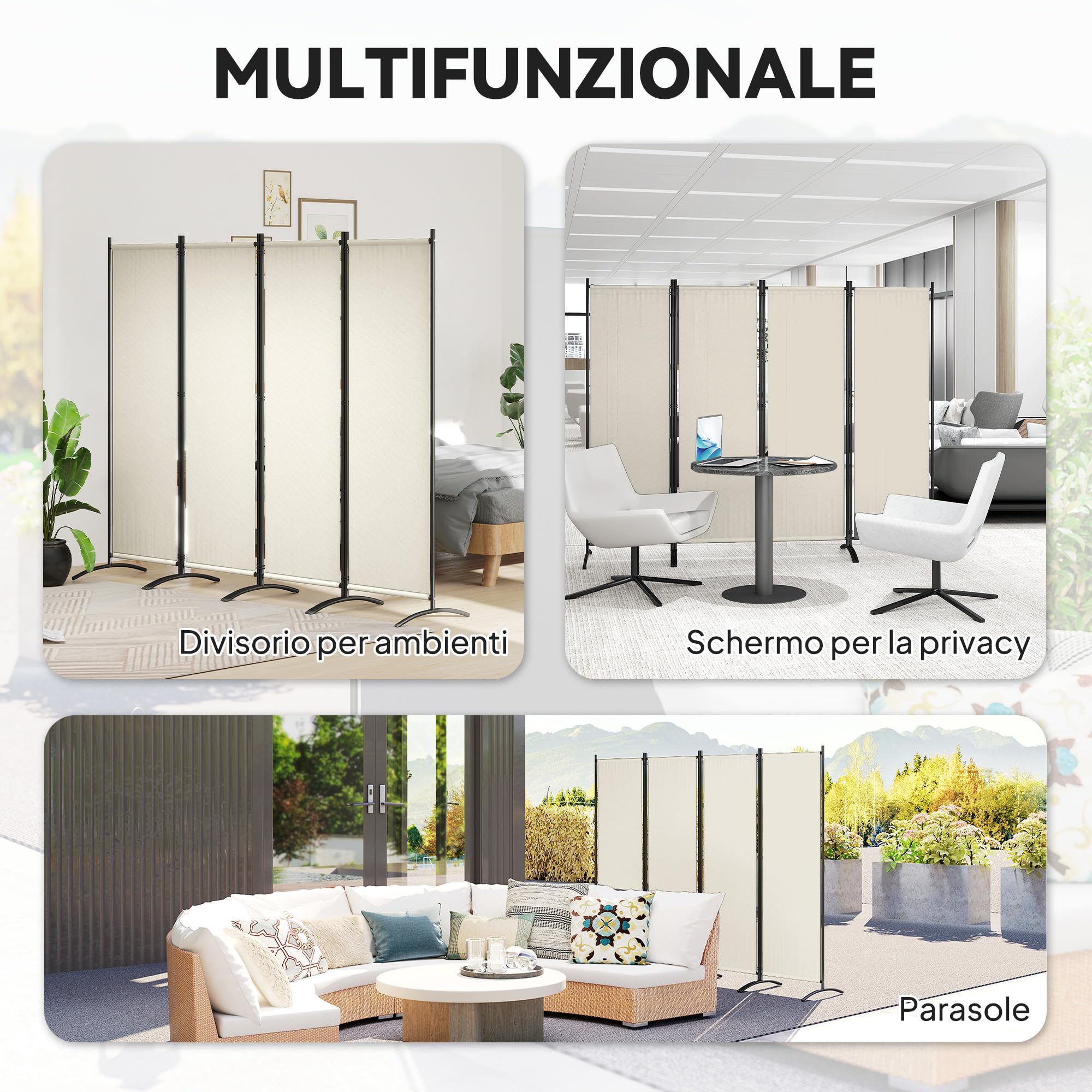 Outsunny Paravento Separé da Giardino 4 Pannelli Pieghevole, 221x50x172cm, Crema