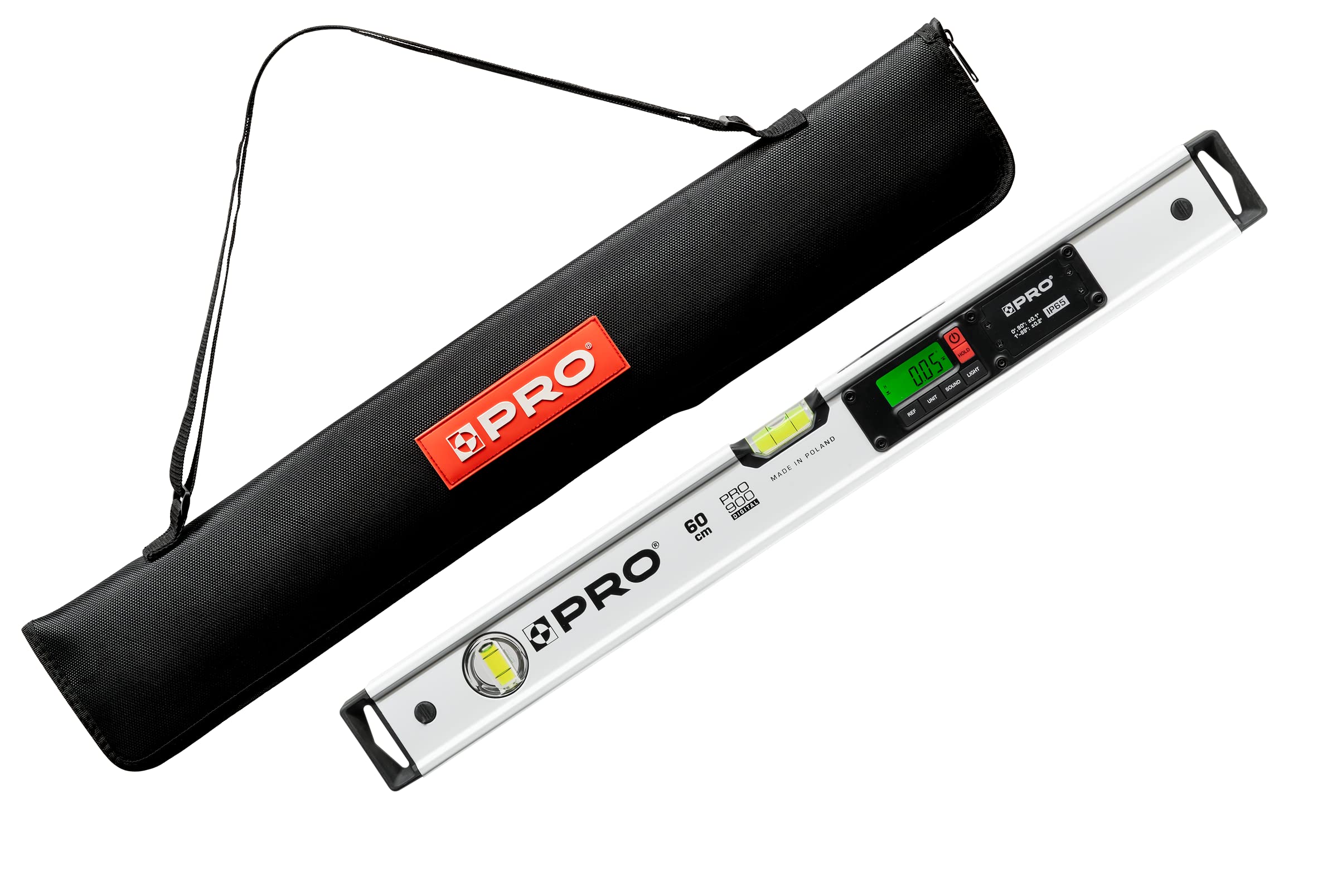 PRO900 Nivel de burbuja digital 60cm con 2 pantallas LCD y bolsa de transporte - Nivel electrónico con memoria de valores de medición para hasta 19 resultados - Protección IP65 - Color Blanco