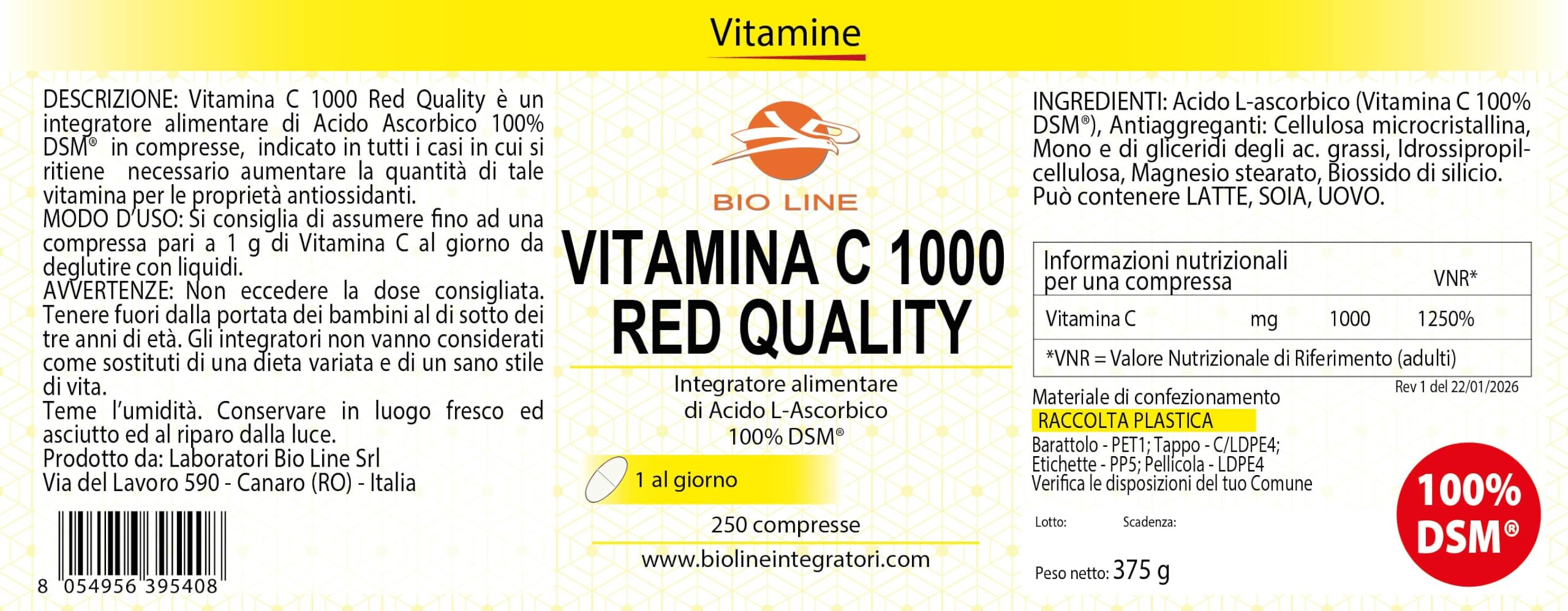 Laboratori Bio Line - Vitamina C 1000 mg DSM (250 Compresse) Integratori Vitamina C Red Quality a Base di Acido Ascorbico DSM, Integratore Difese Immunitarie ad Azione Antiossidante, Made in Italy