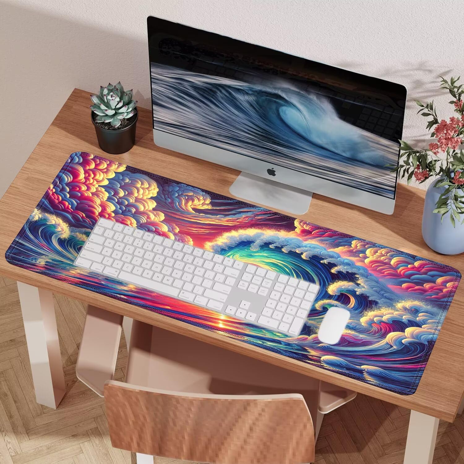 Alfombrilla de ratón XXL 1200x600x3mm -Mouse Pad Gaming -para Precisión y Velocidad en Juegos -con Bordes cosidos -Superficie Especial -Accesorios de Oficina -Antideslizante -Ola Gigante y Atardecer