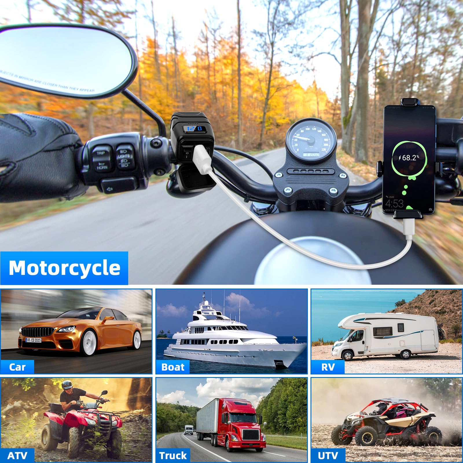 Presa USB per moto e camper – PD Type-C & USB caricabatterie con interruttore on/off e misuratore di tensione LED, Quick Charge 3.0 per auto e barca da 12 V a 24 V